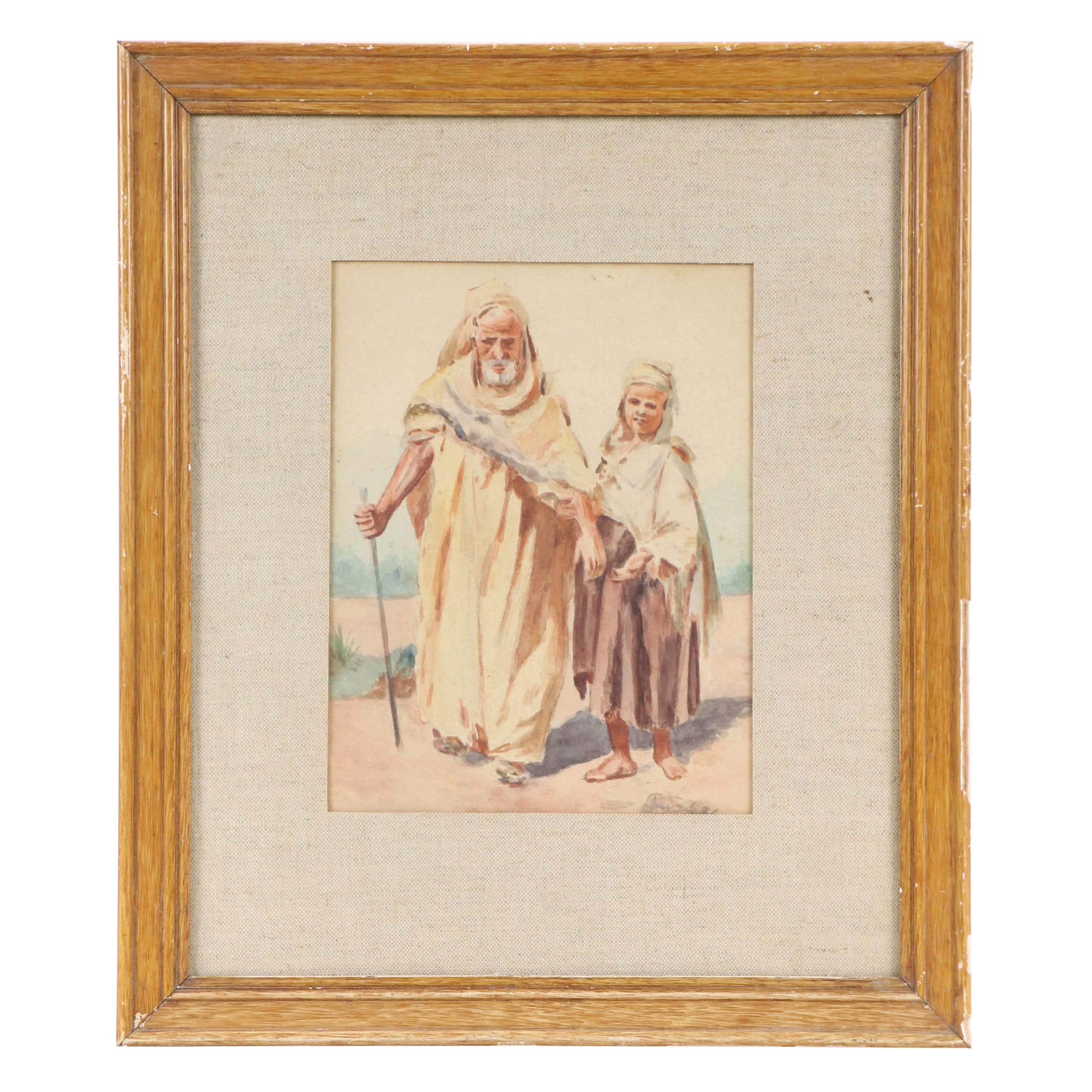 Watercolor Painting Depicting Israeli Young Child and Older Man, 1931