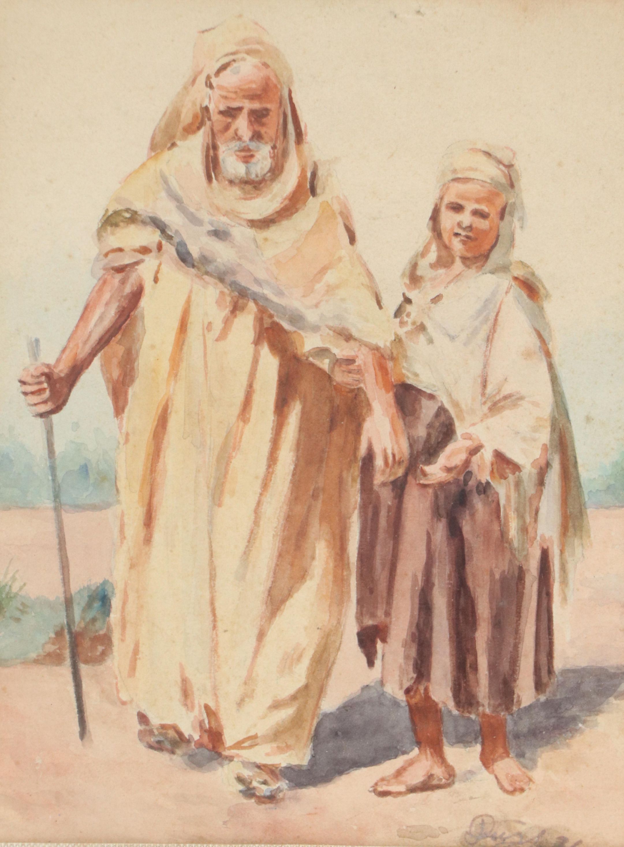Watercolor Painting Depicting Israeli Young Child and Older Man, 1931