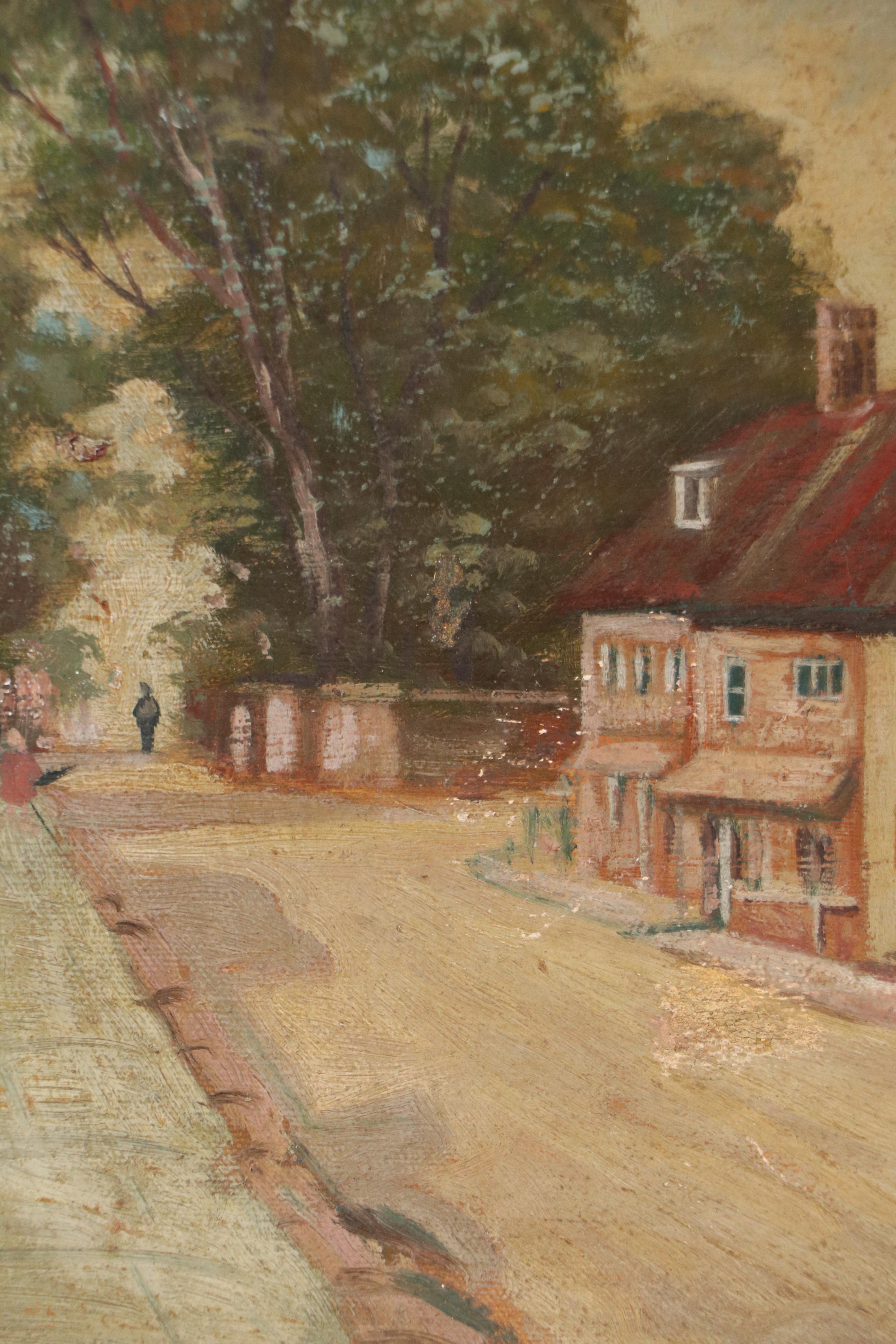 Oil Painting of New England Style Small Town Corner, 20th C.