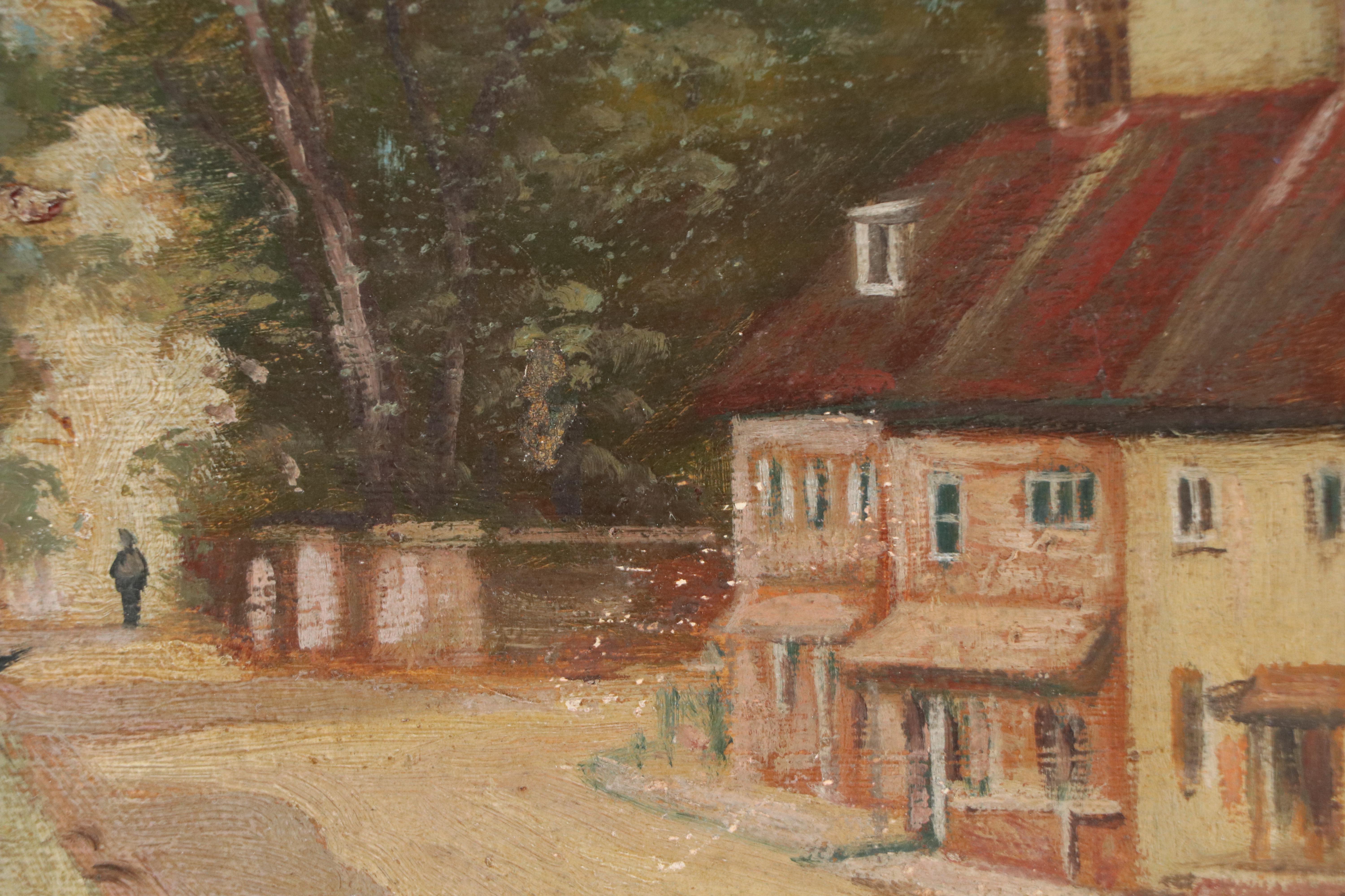 Oil Painting of New England Style Small Town Corner, 20th C.