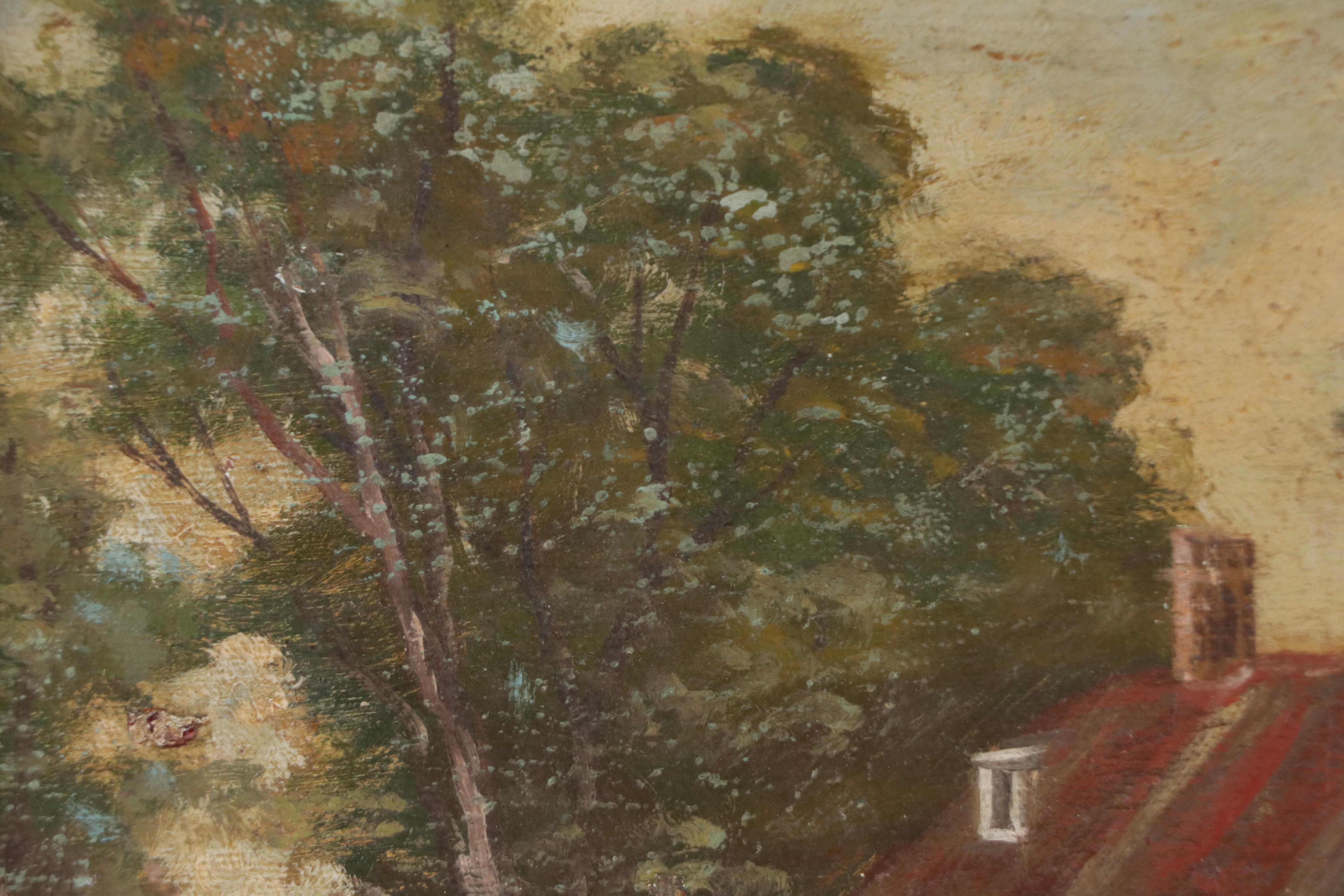 Oil Painting of New England Style Small Town Corner, 20th C.