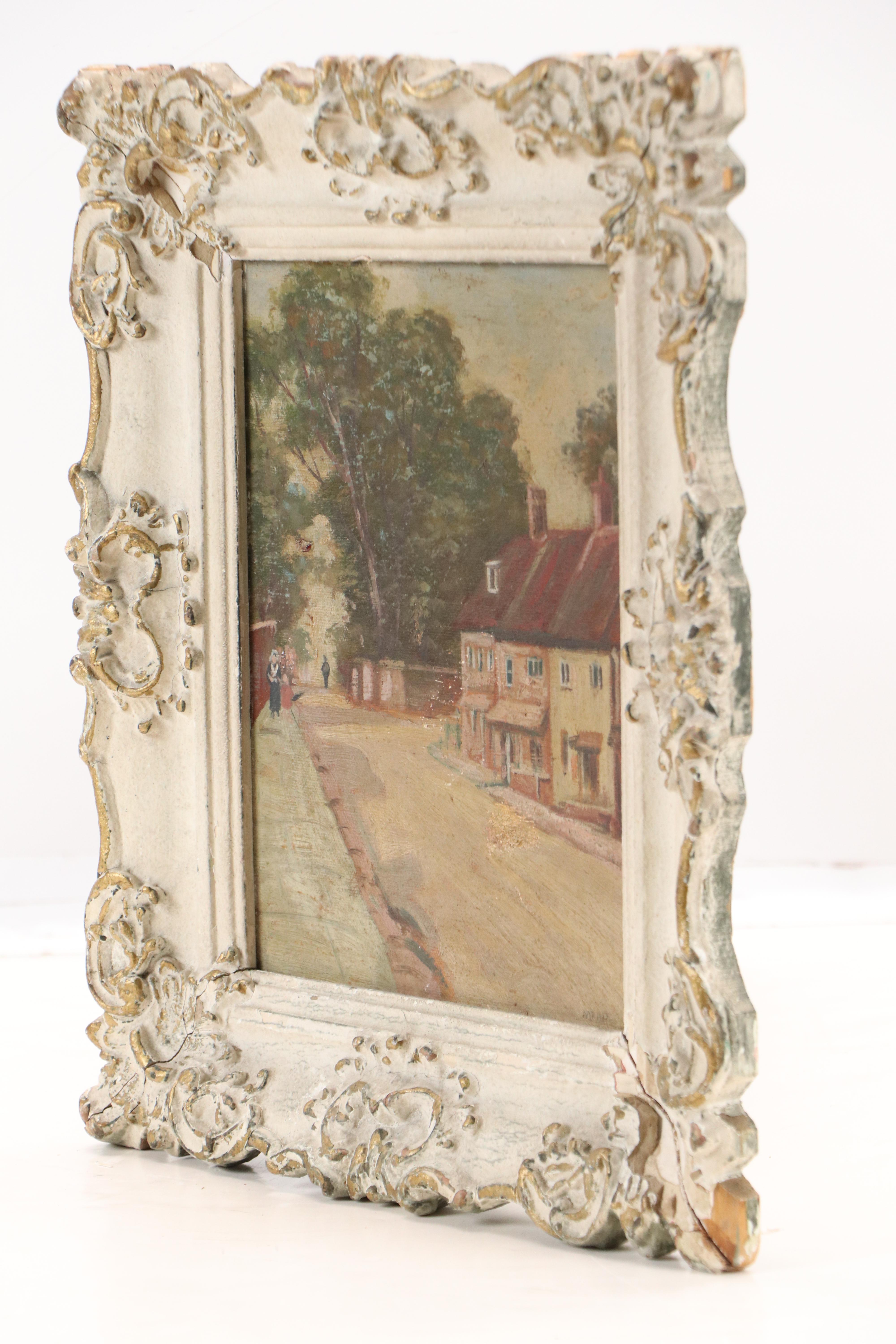 Oil Painting of New England Style Small Town Corner, 20th C.