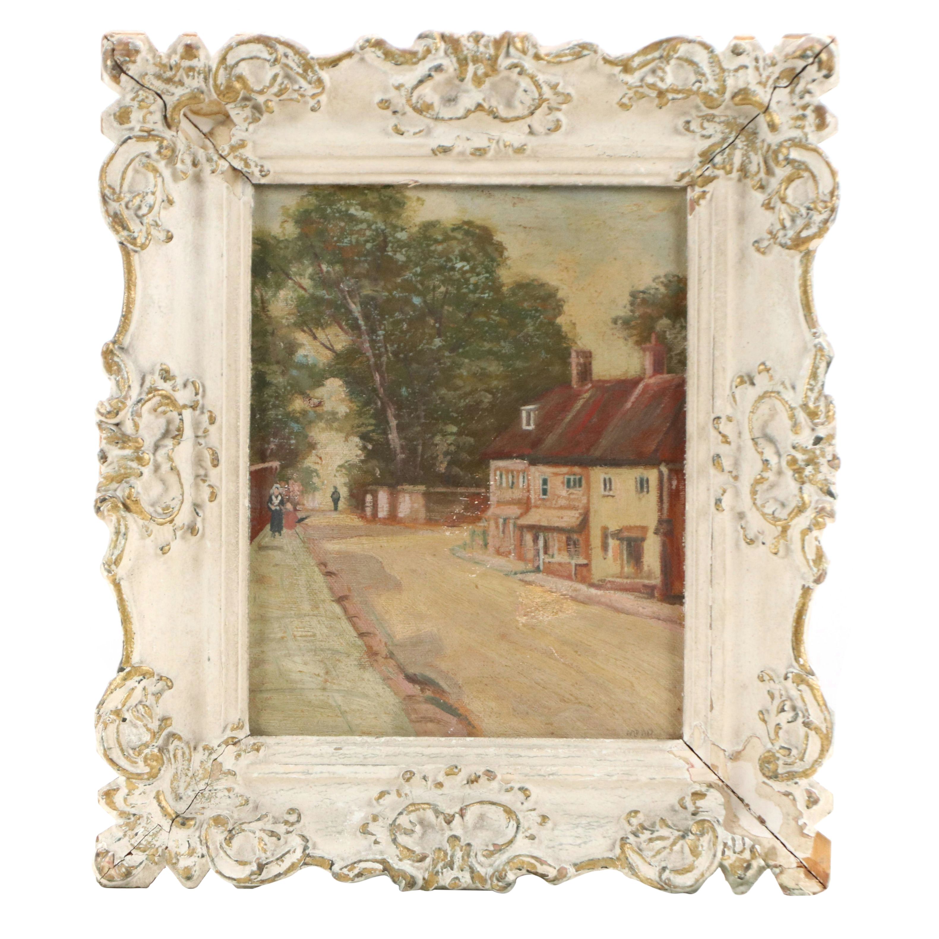 Oil Painting of New England Style Small Town Corner, 20th C.