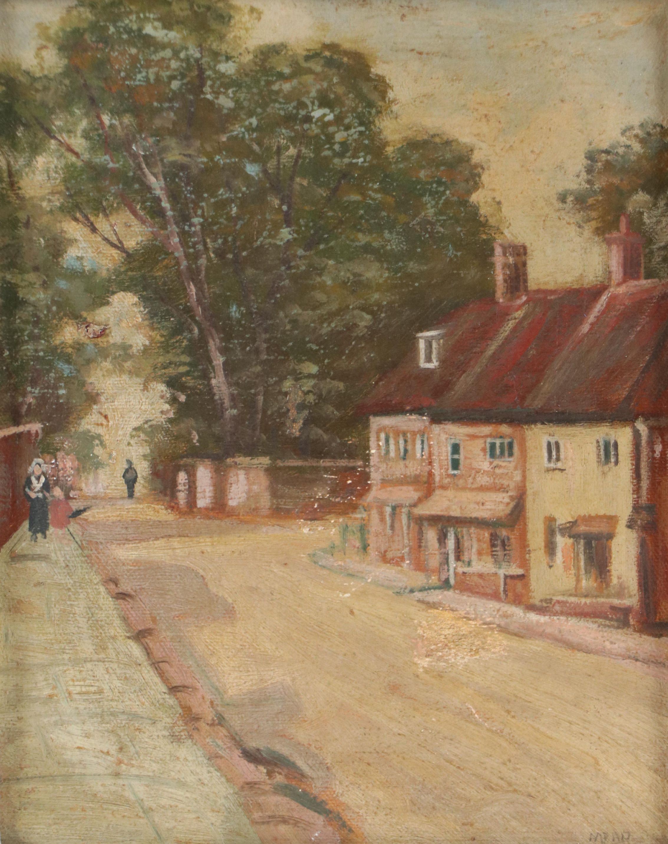 Oil Painting of New England Style Small Town Corner, 20th C.