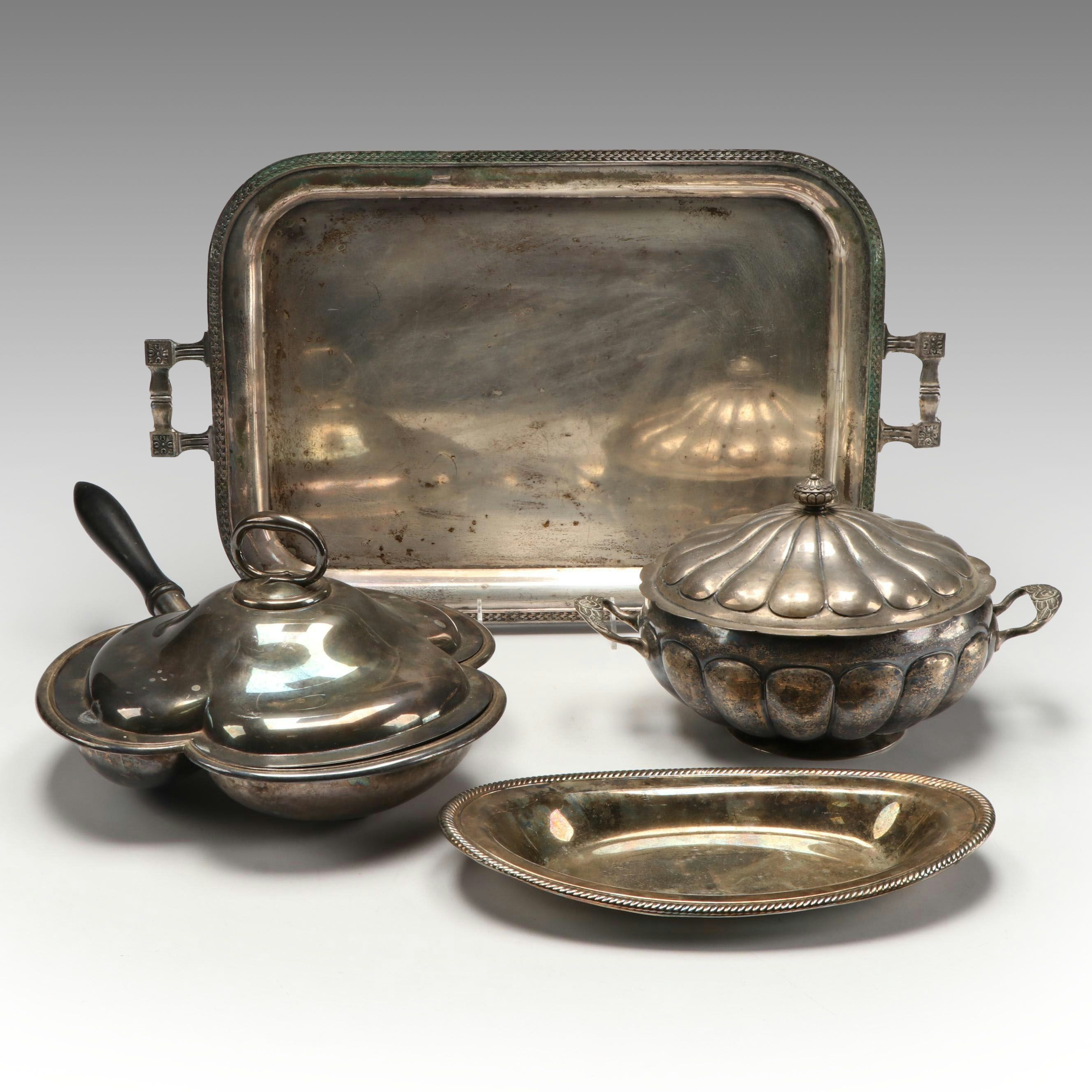 Aesthetic Movement Style Tray with Other Silver Plate Serving Pieces