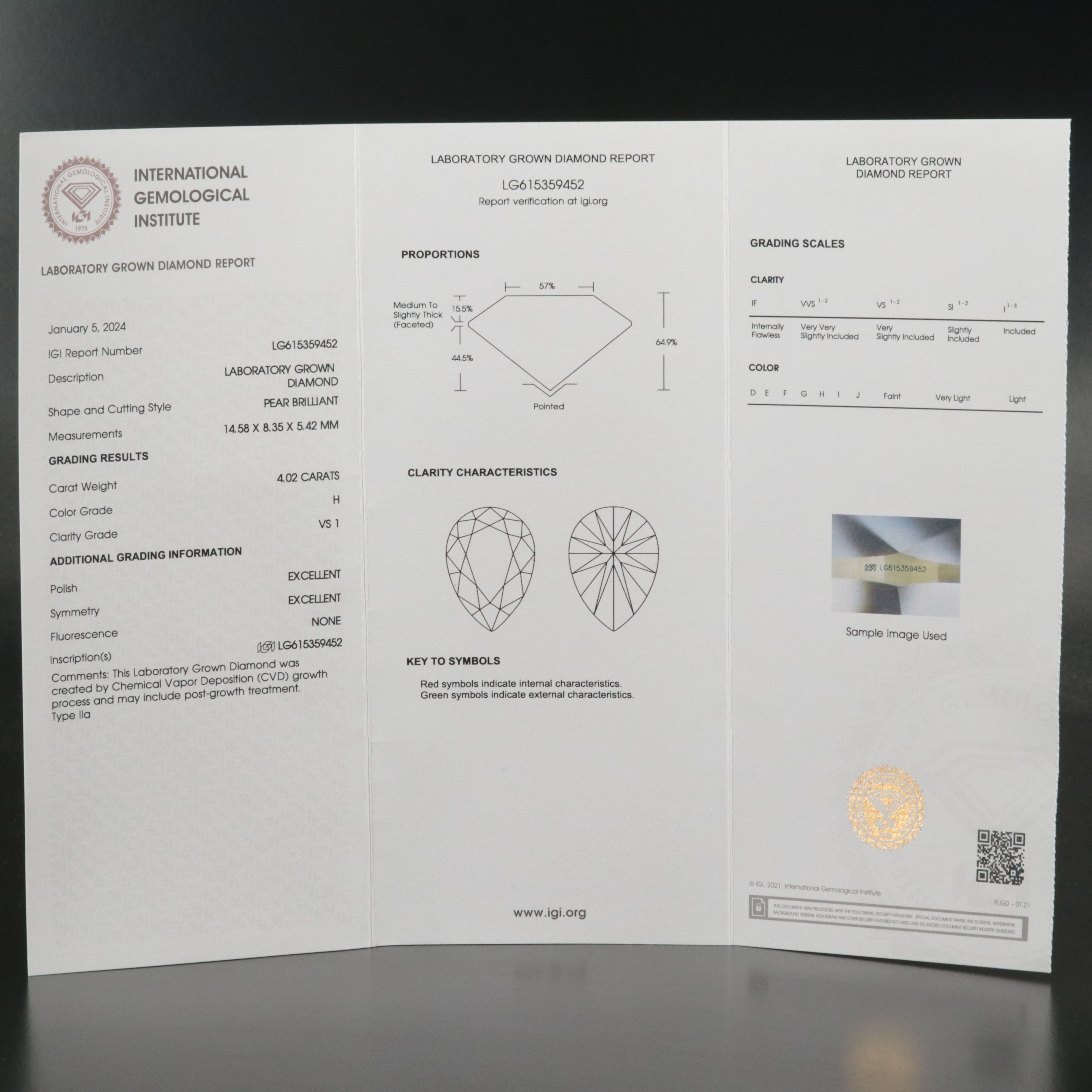 Loose 4.02 CT Lab Grown Diamond with IGI Report
