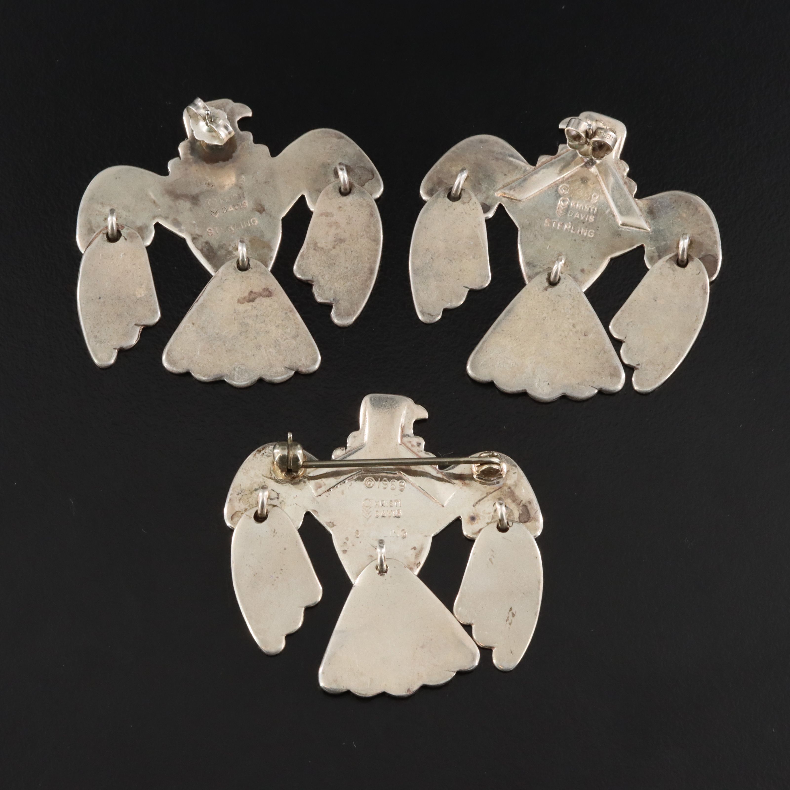 Kristi Davis Navajo Diné Sterling Thunderbird Earrings, 1989