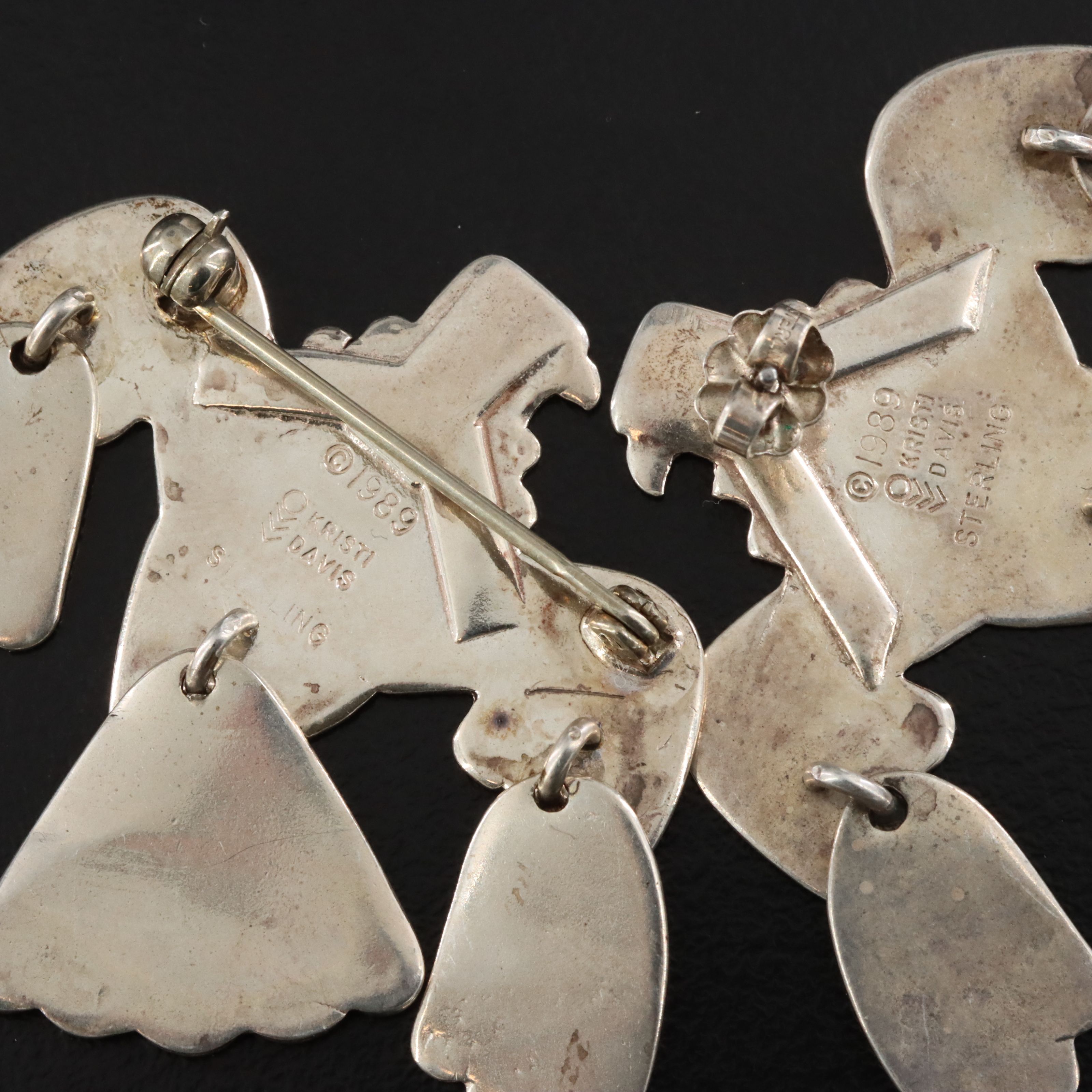 Kristi Davis Navajo Diné Sterling Thunderbird Earrings, 1989