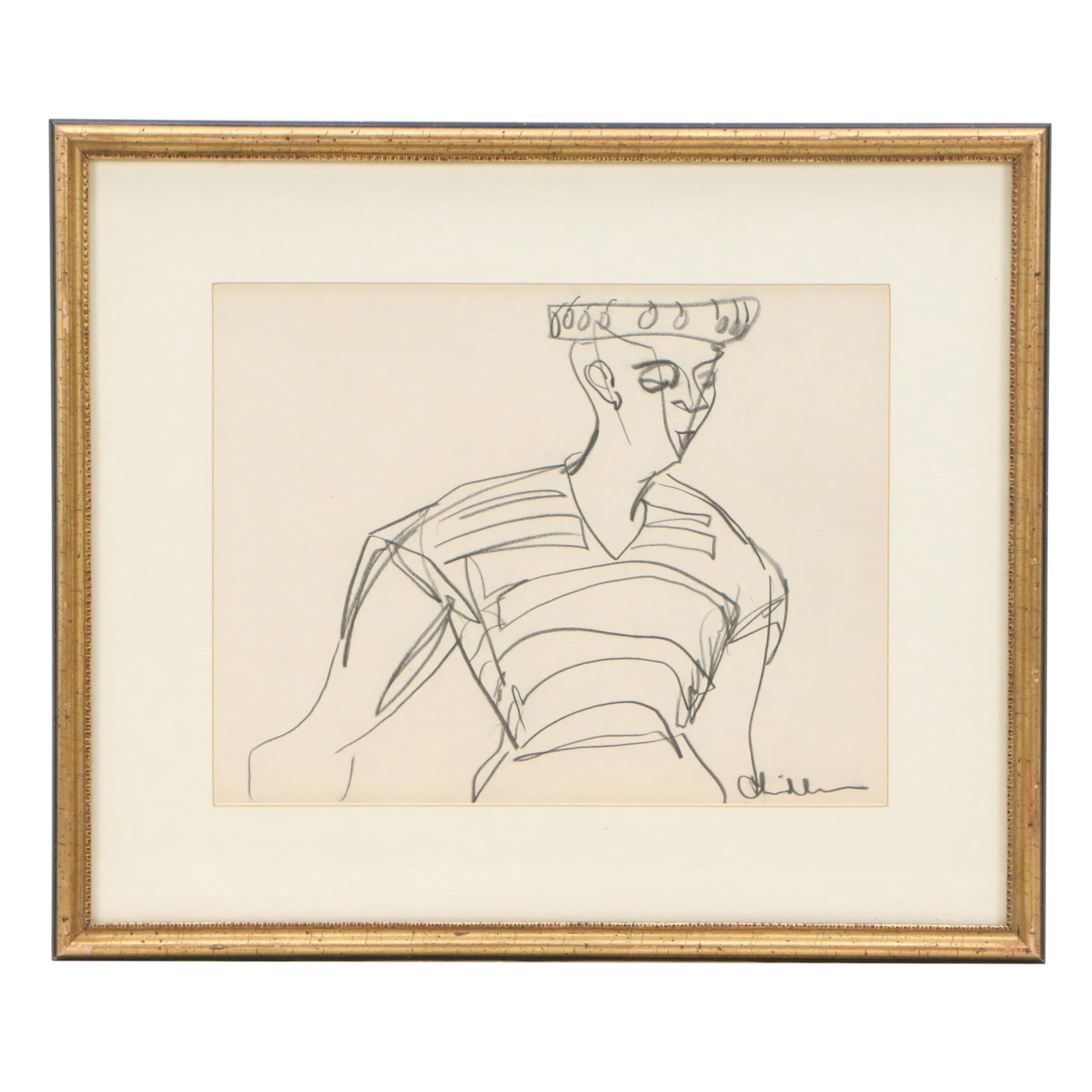 Paul Chidlaw Gestural Graphite Figure Drawing, Late 20th Century