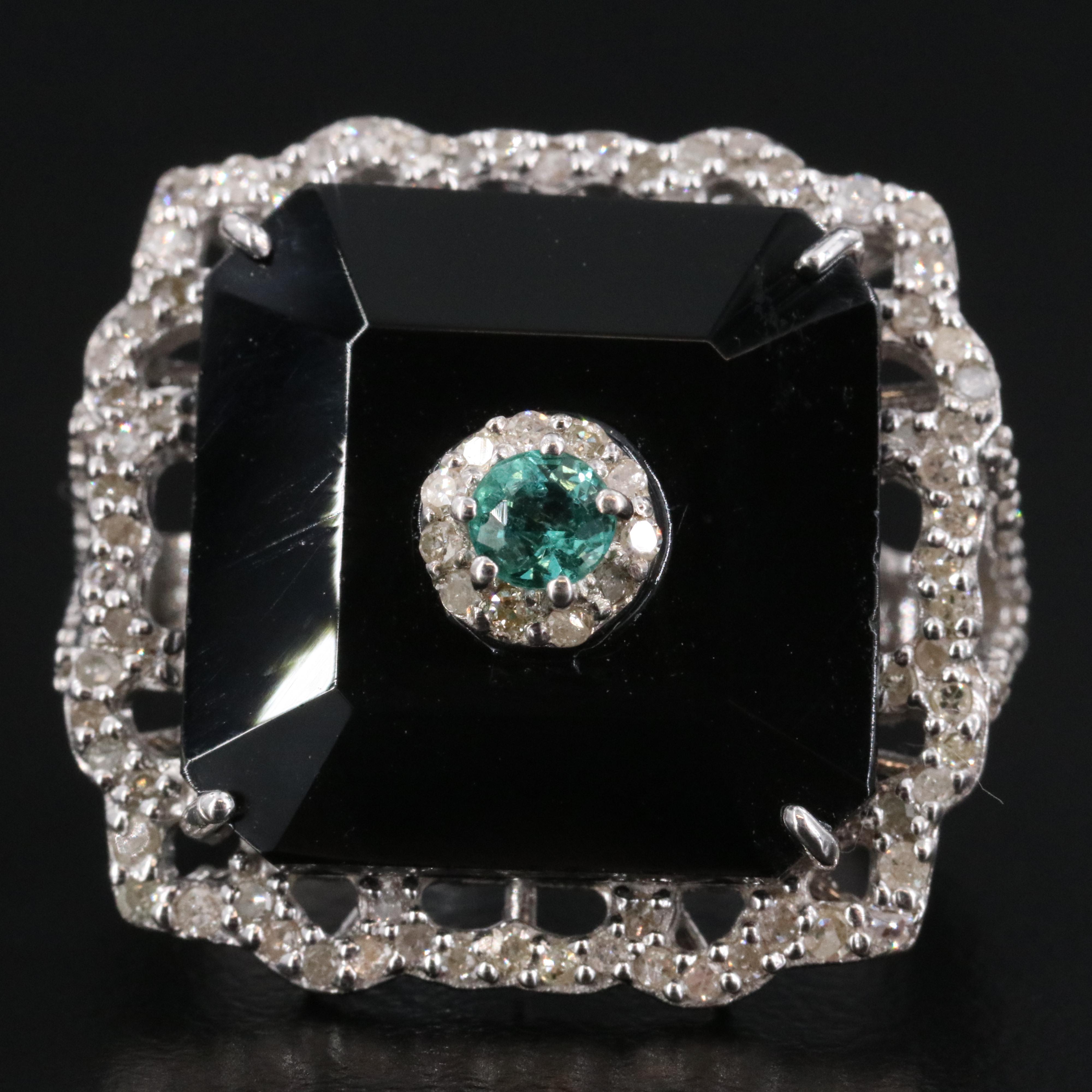 Sterling Emerald, Black Spinel and Diamond Ring