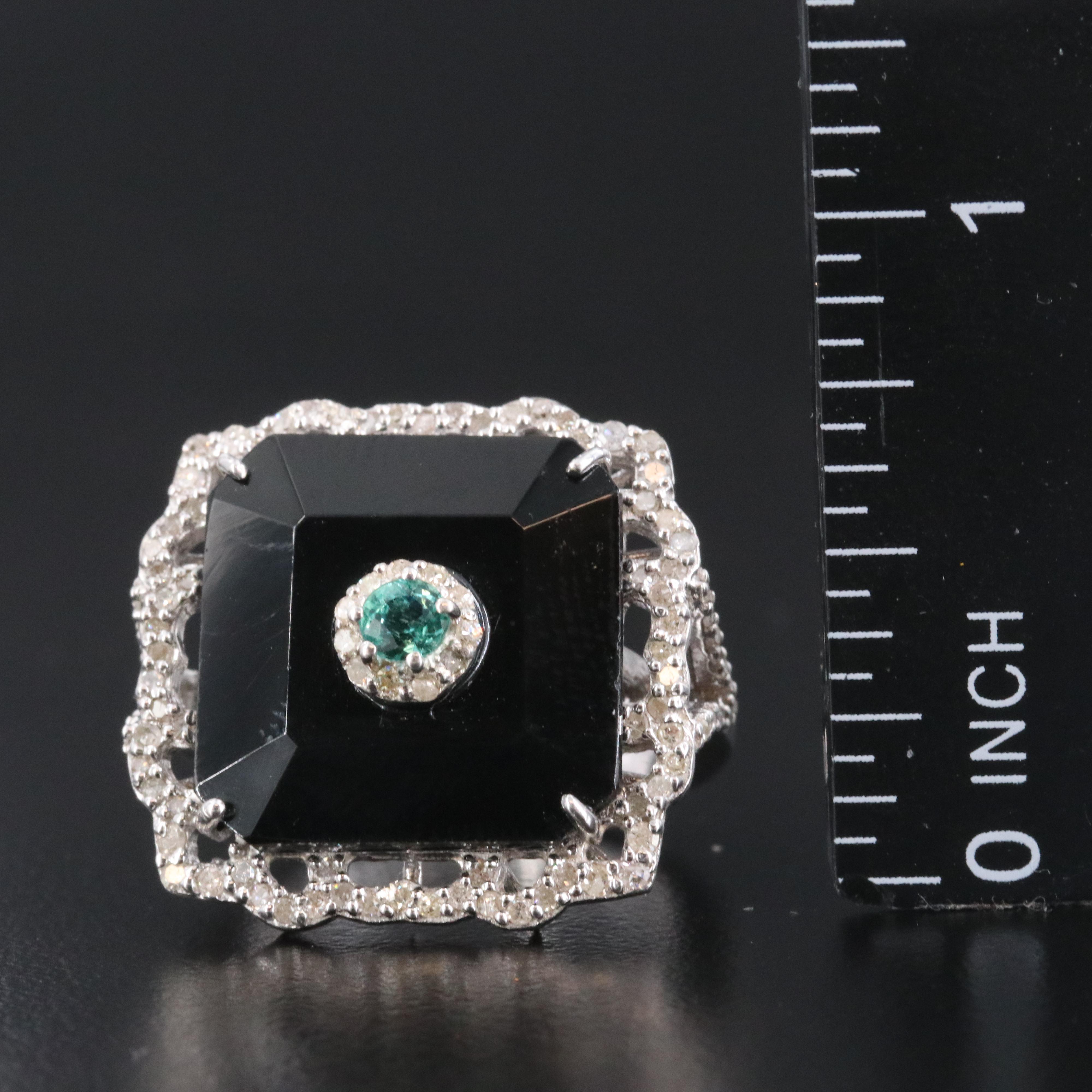Sterling Emerald, Black Spinel and Diamond Ring