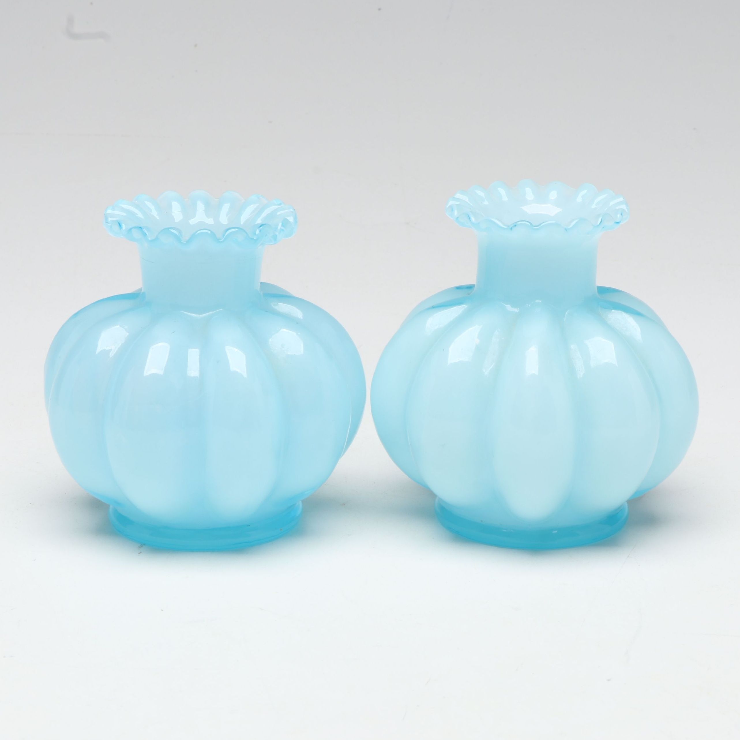 Fenton Ruffled Opalescent Glass Perfume Bottle Vases, Mid-20th Century