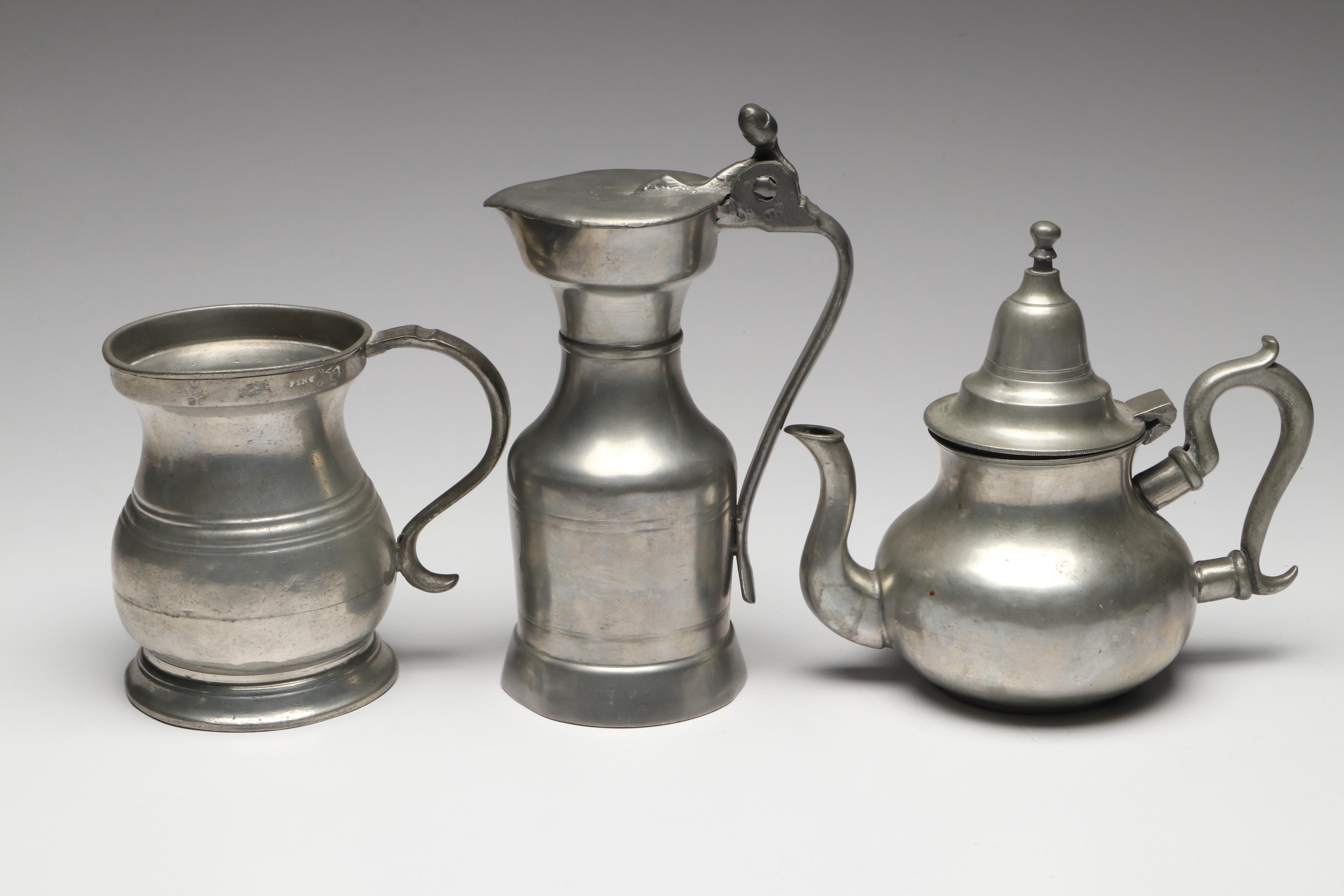 Victorian English Tankard with Other Pewter Teapot and Acorn Pitcher