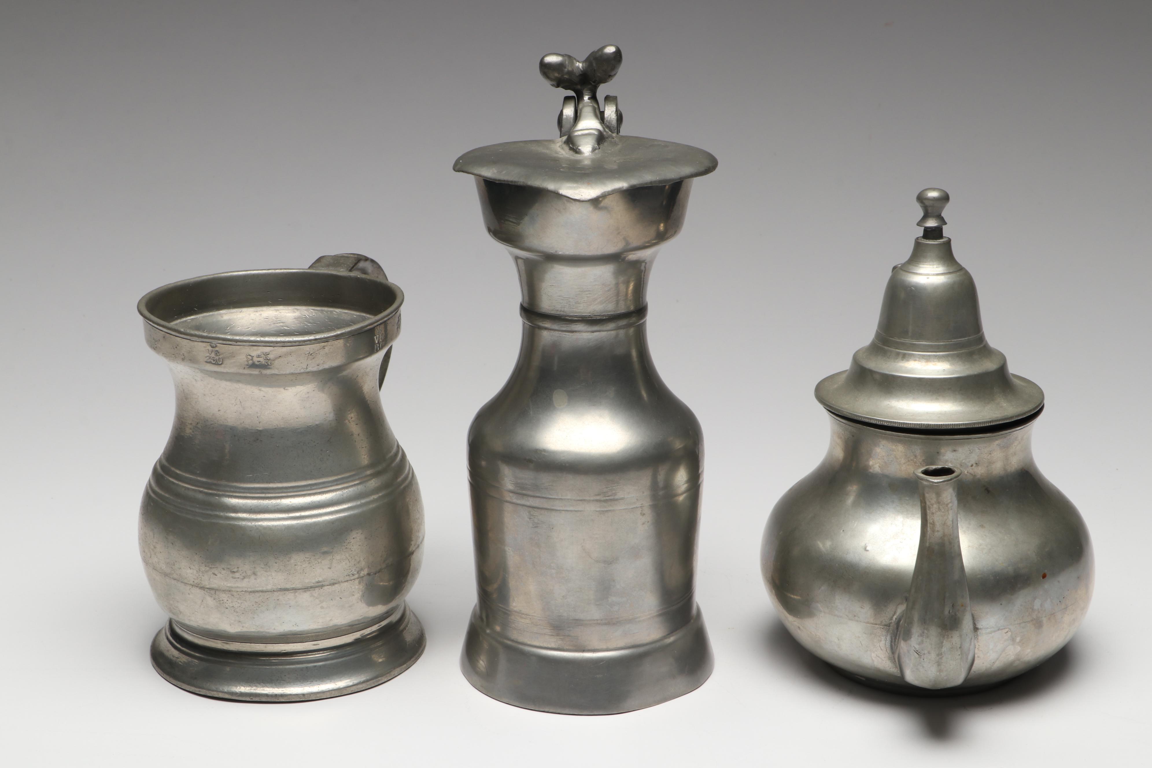 Victorian English Tankard with Other Pewter Teapot and Acorn Pitcher