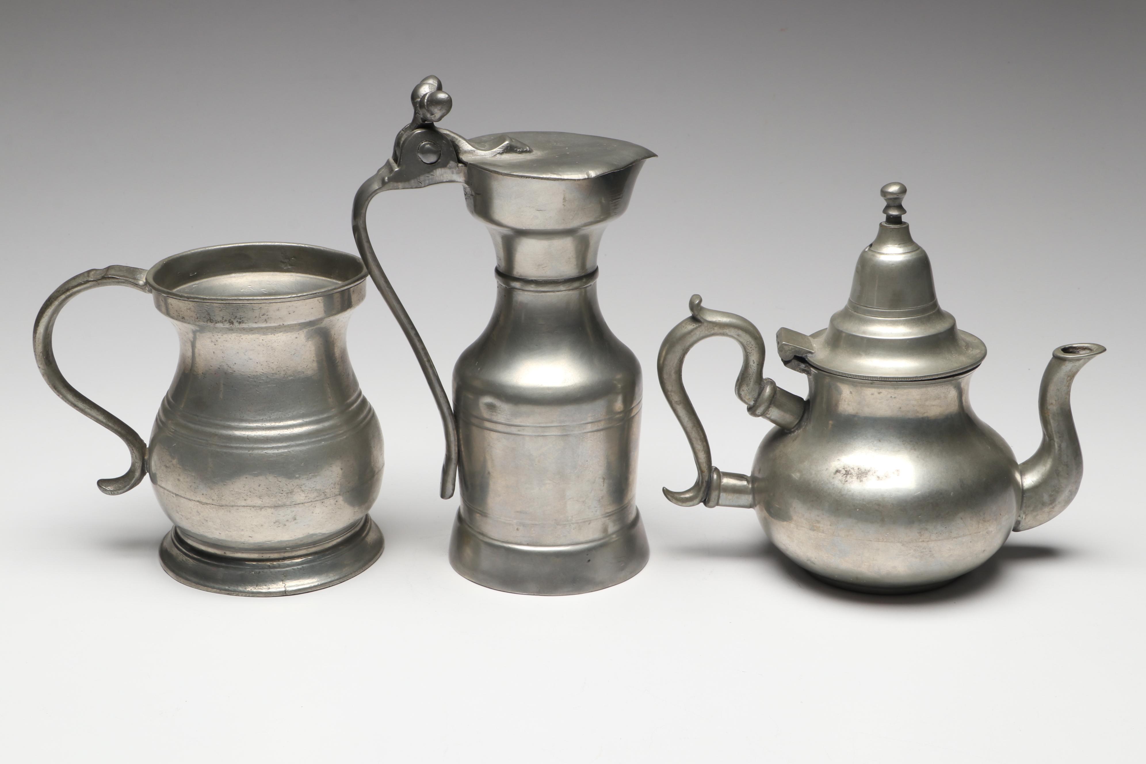 Victorian English Tankard with Other Pewter Teapot and Acorn Pitcher