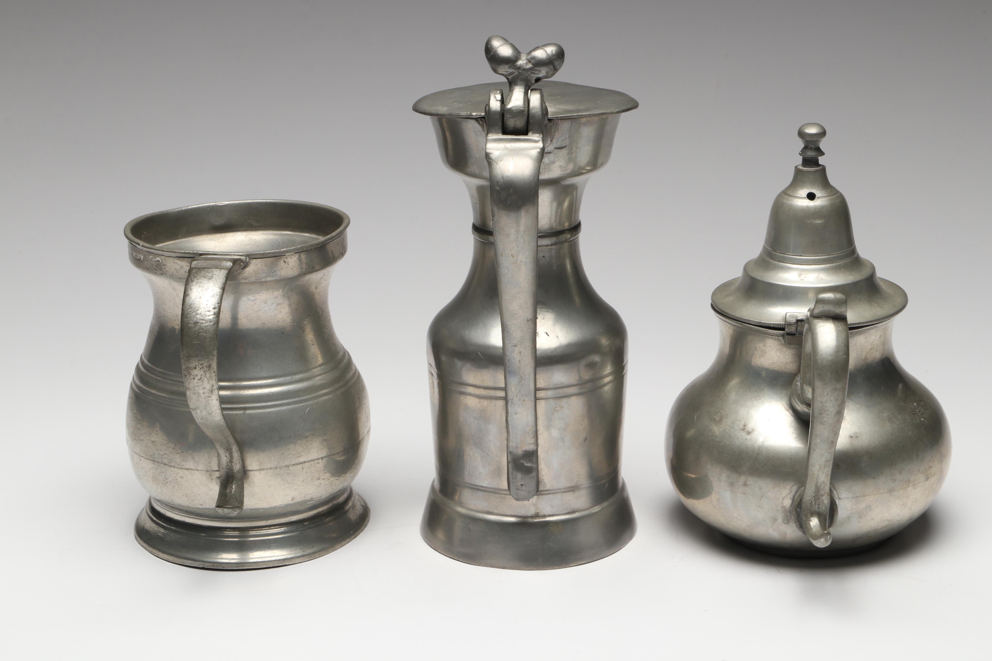 Victorian English Tankard with Other Pewter Teapot and Acorn Pitcher