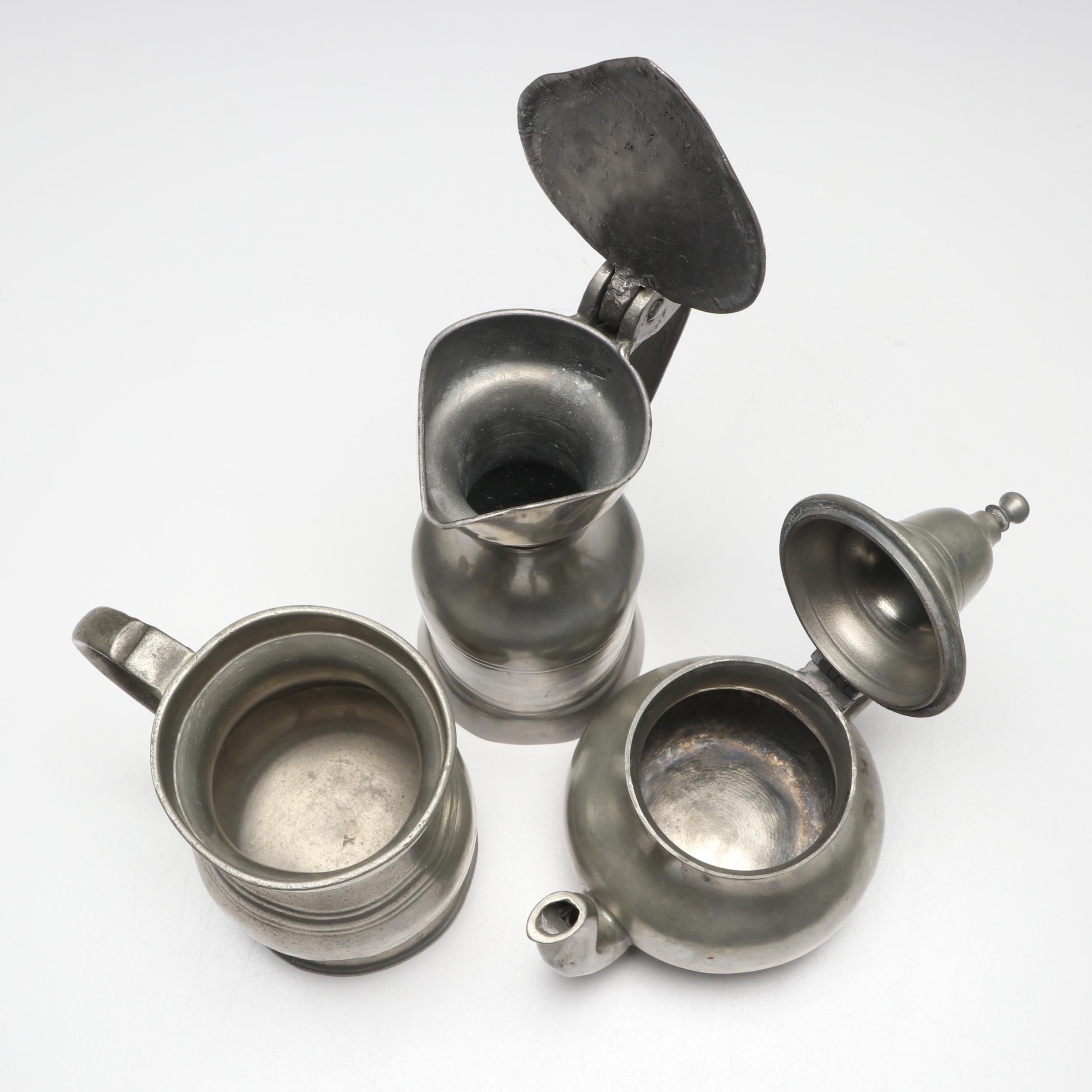 Victorian English Tankard with Other Pewter Teapot and Acorn Pitcher