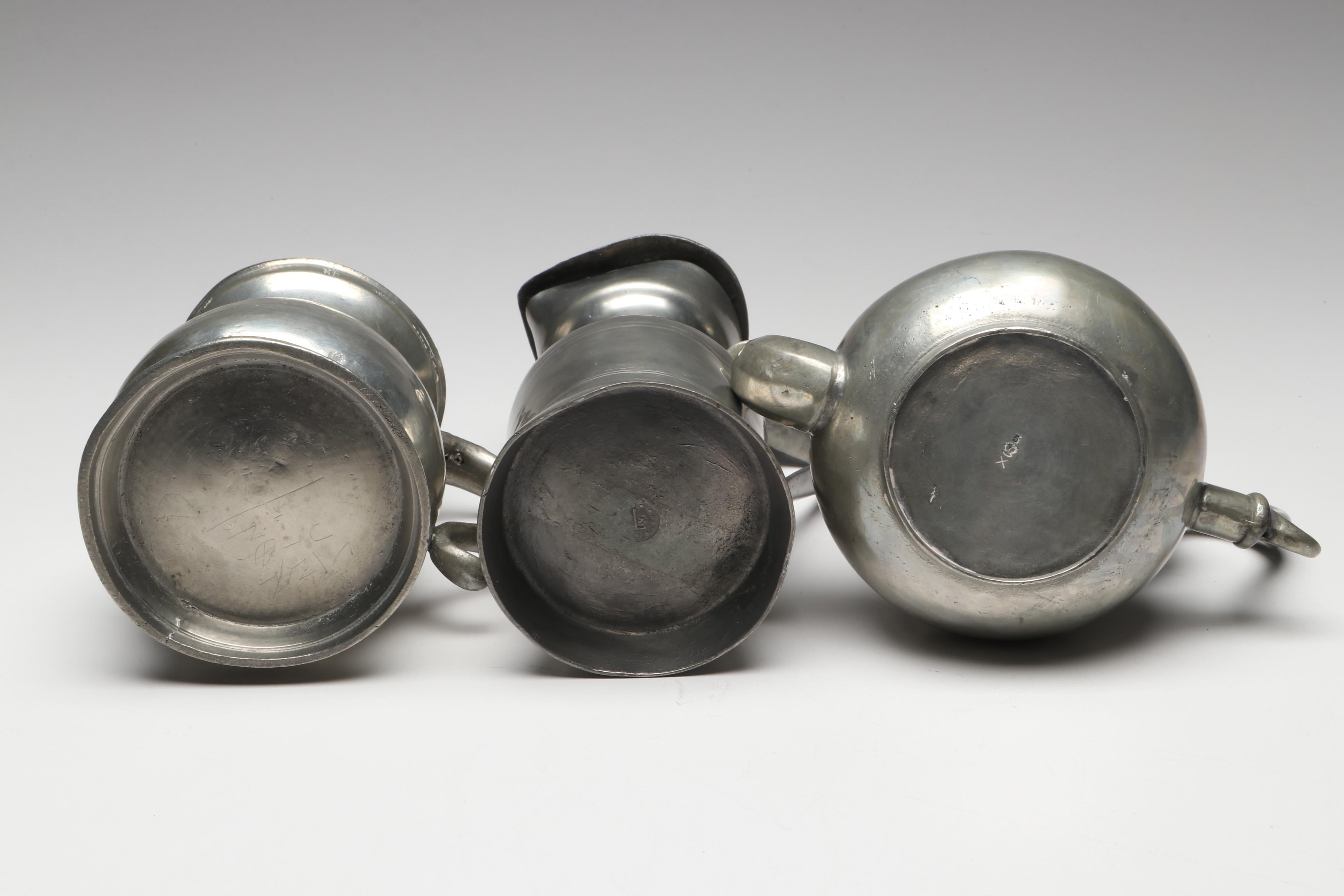 Victorian English Tankard with Other Pewter Teapot and Acorn Pitcher