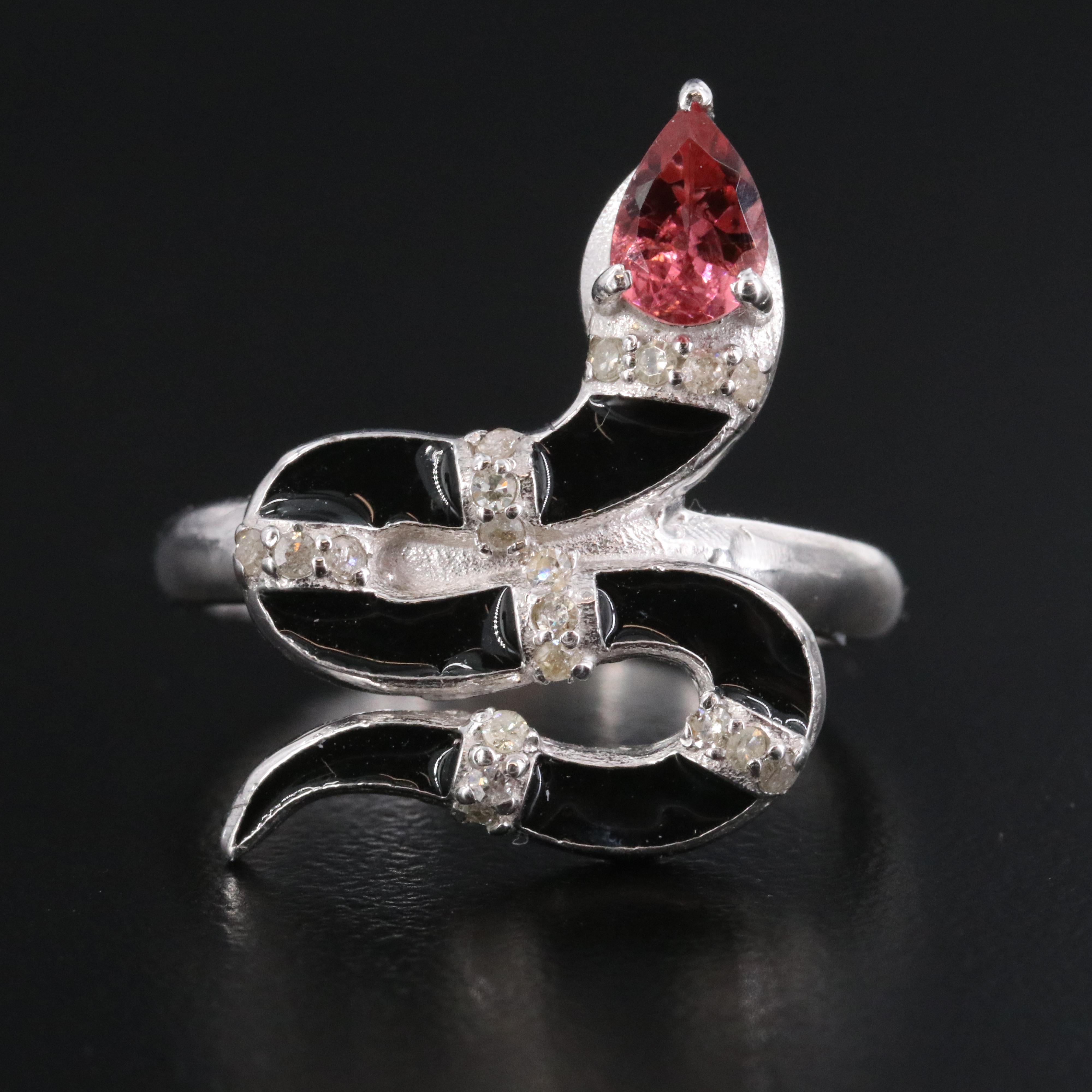 Sterling Tourmaline, Diamond and Enamel Snake Ring