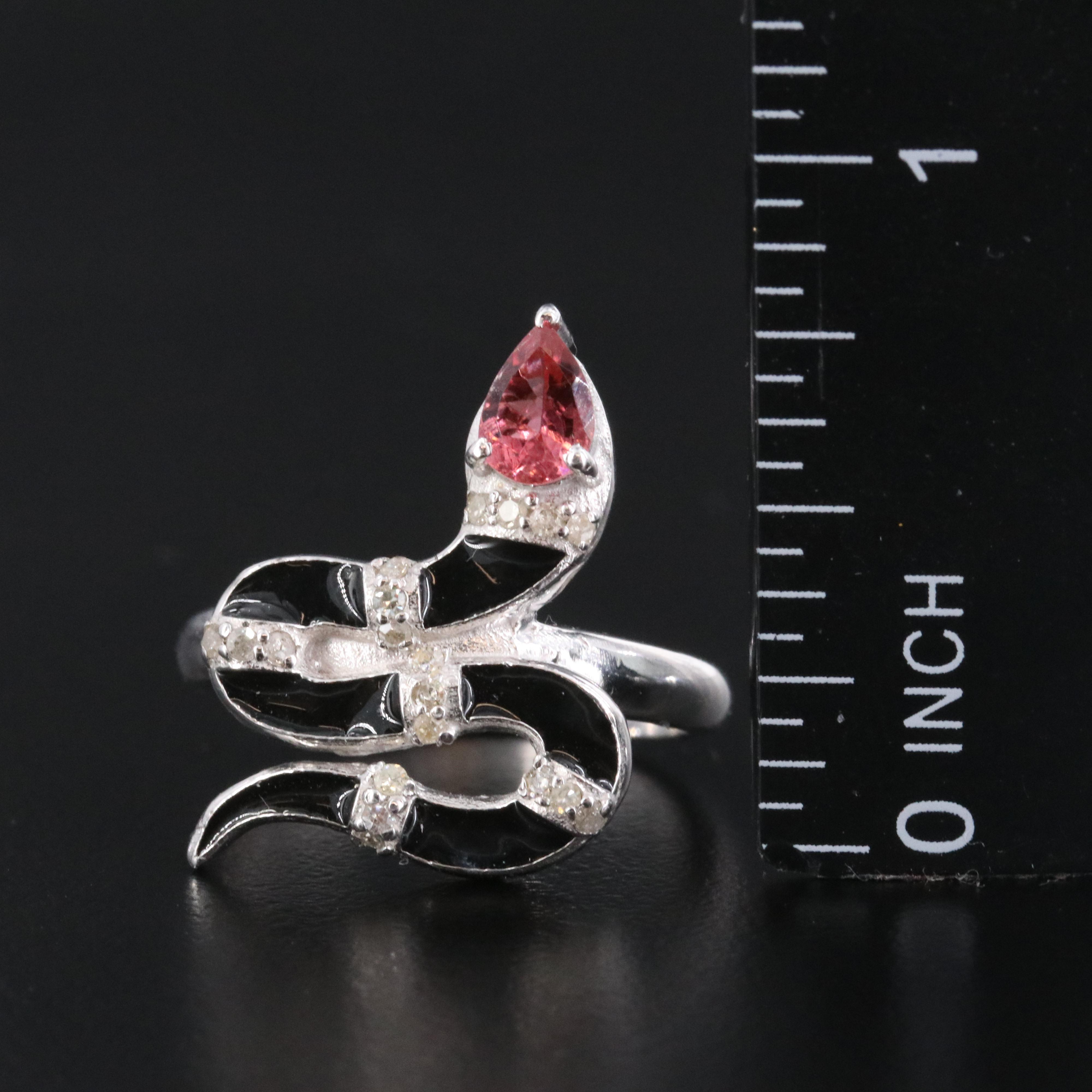 Sterling Tourmaline, Diamond and Enamel Snake Ring