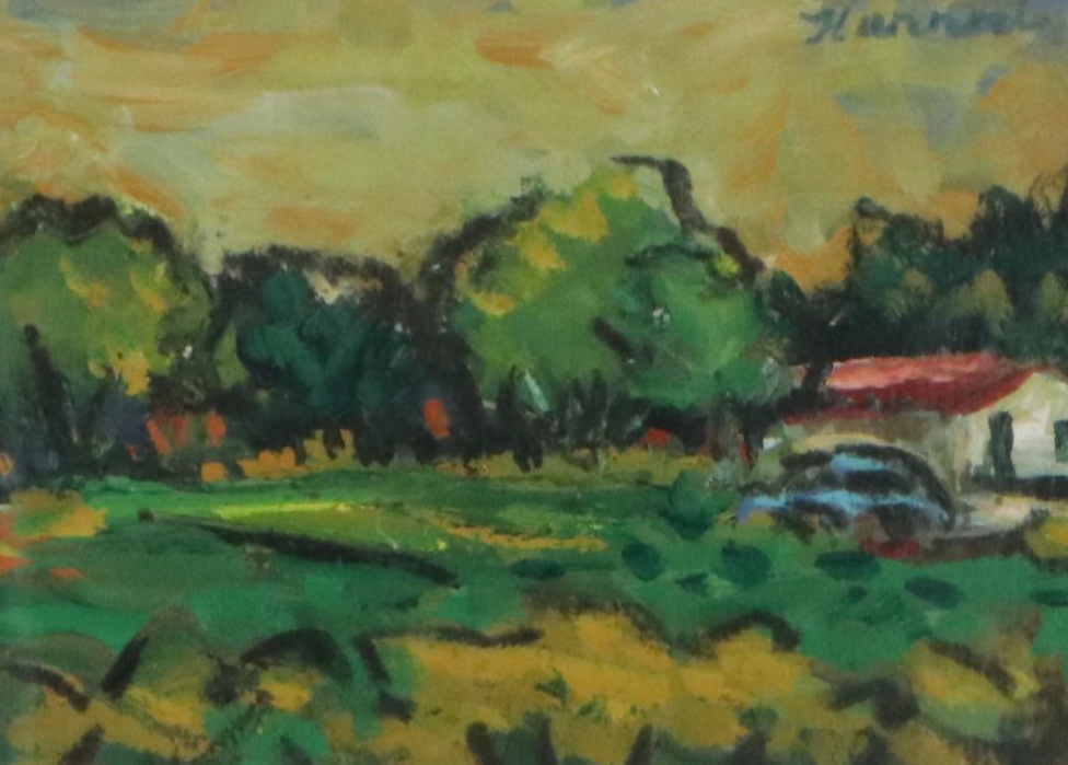 Ann Herrod Acrylic Painting of Landscape with Residence, Late 20th Century