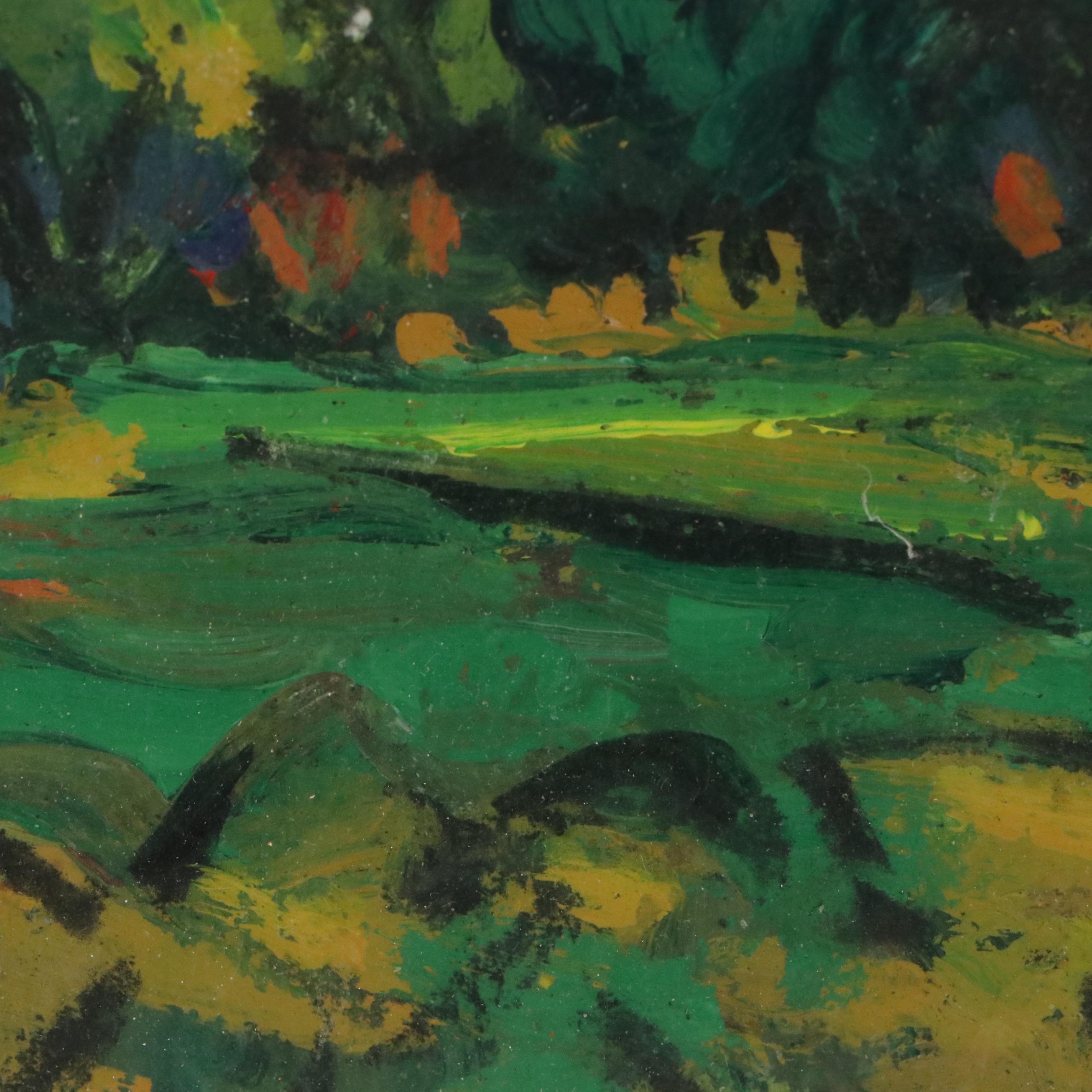 Ann Herrod Acrylic Painting of Landscape with Residence, Late 20th Century