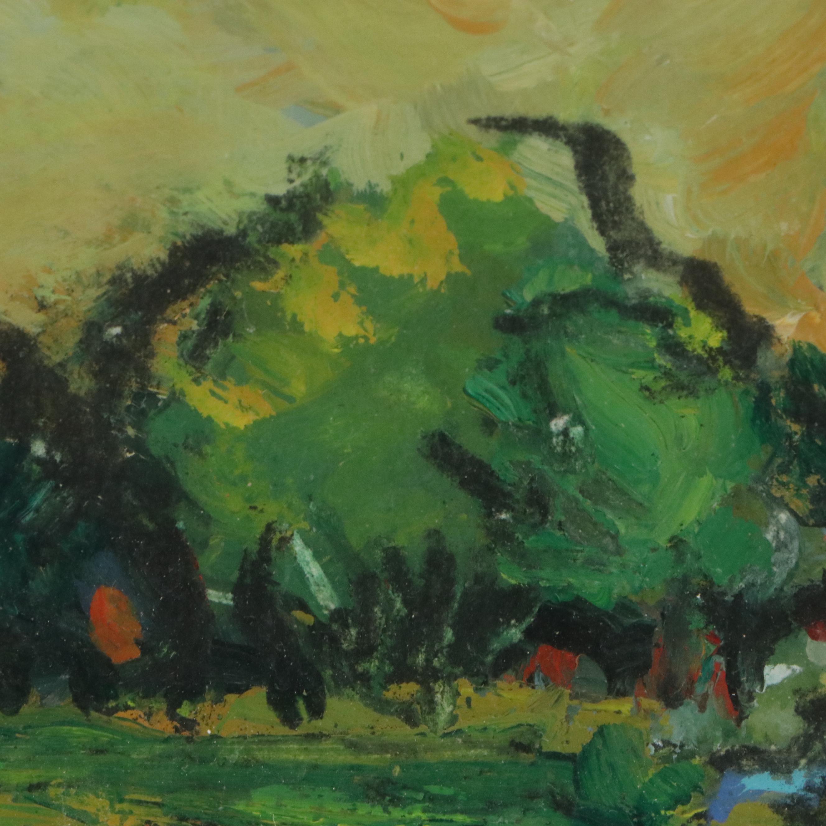 Ann Herrod Acrylic Painting of Landscape with Residence, Late 20th Century