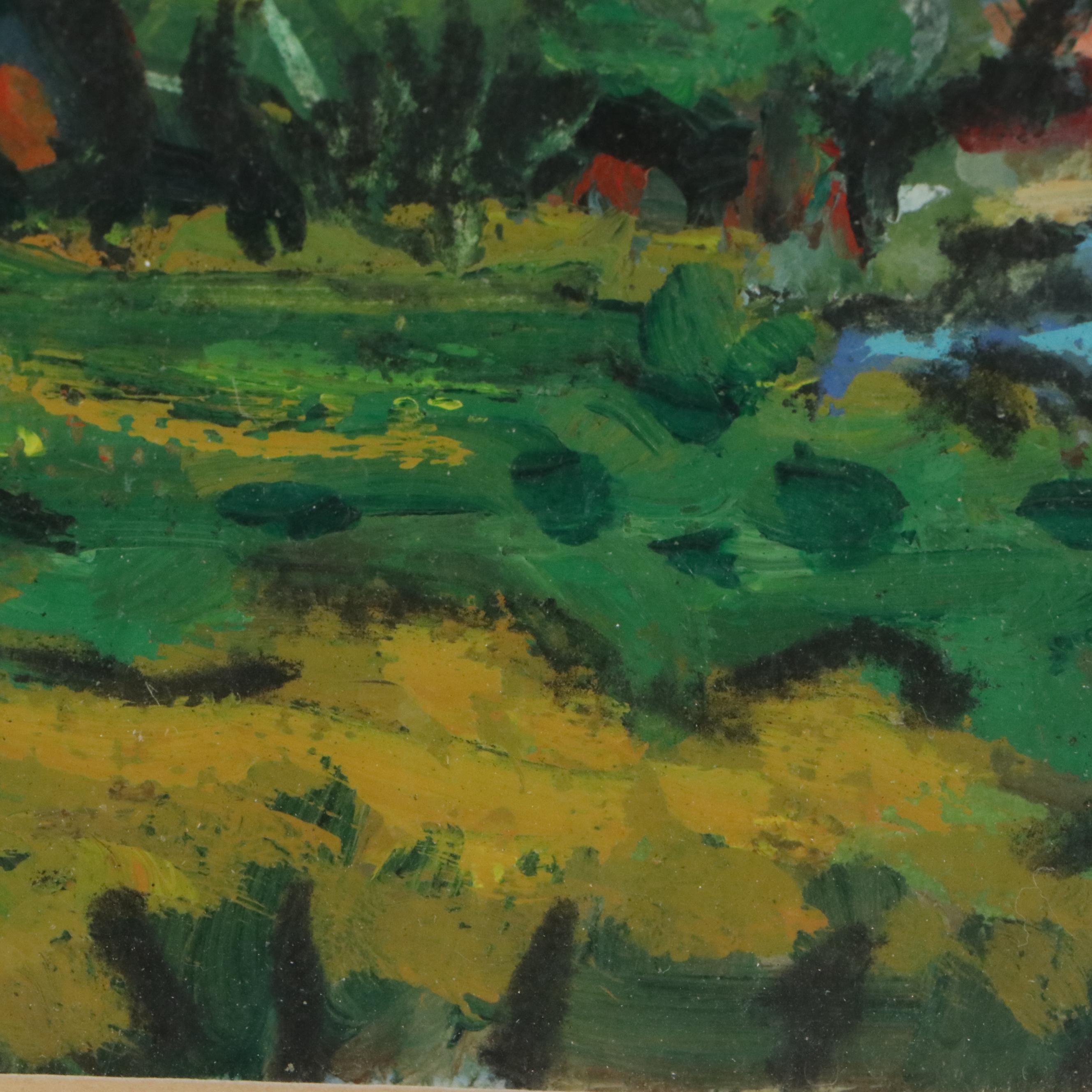 Ann Herrod Acrylic Painting of Landscape with Residence, Late 20th Century