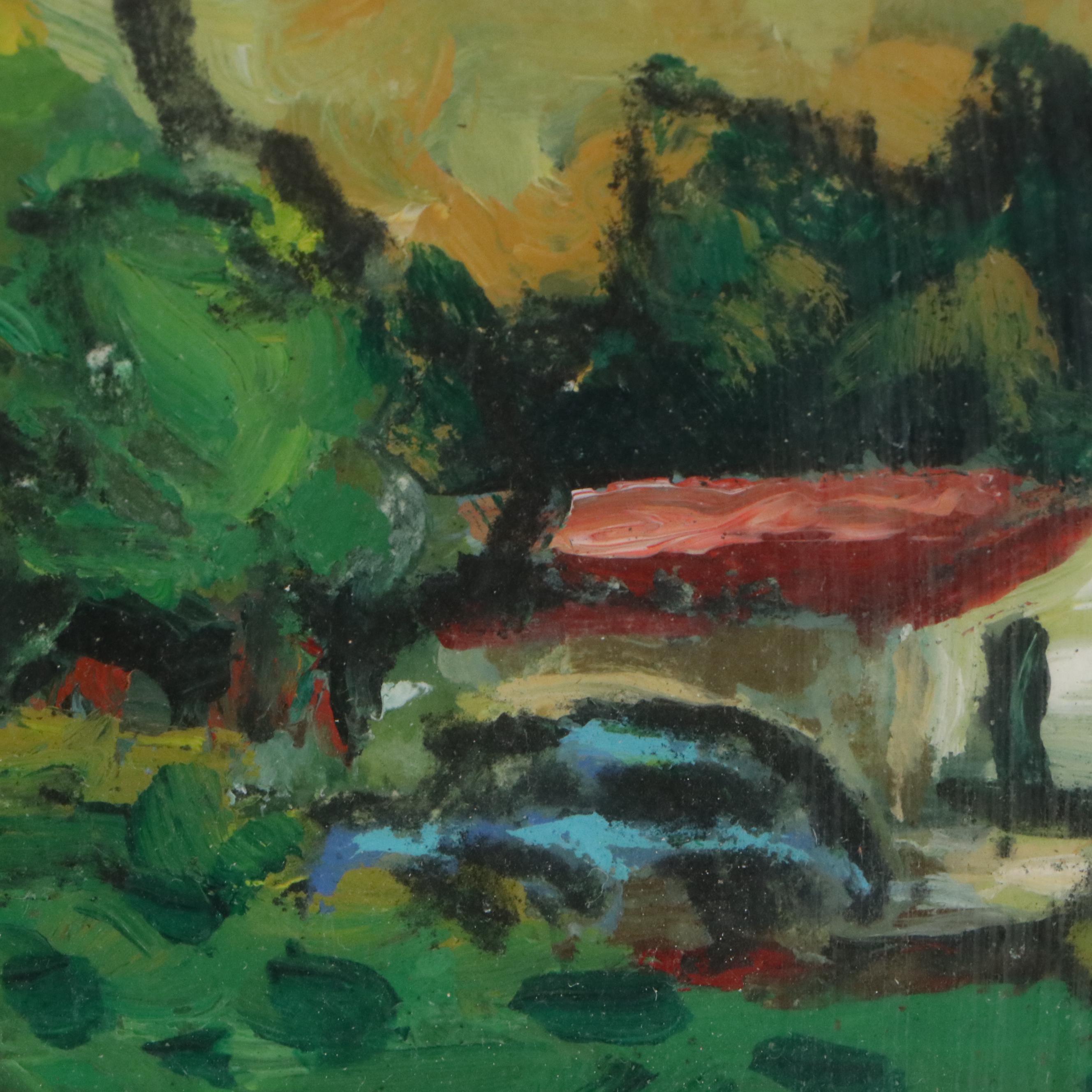 Ann Herrod Acrylic Painting of Landscape with Residence, Late 20th Century