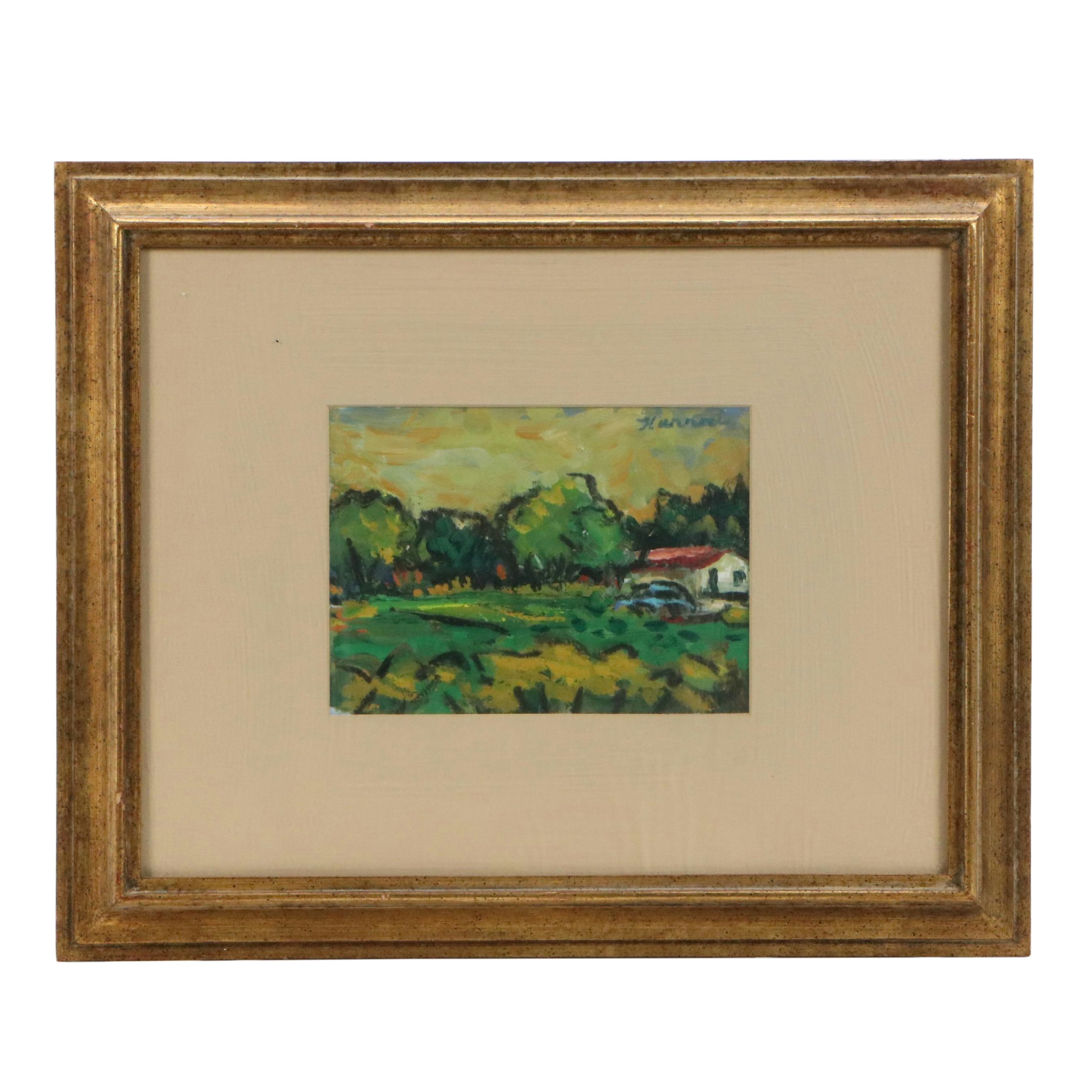 Ann Herrod Acrylic Painting of Landscape with Residence, Late 20th Century