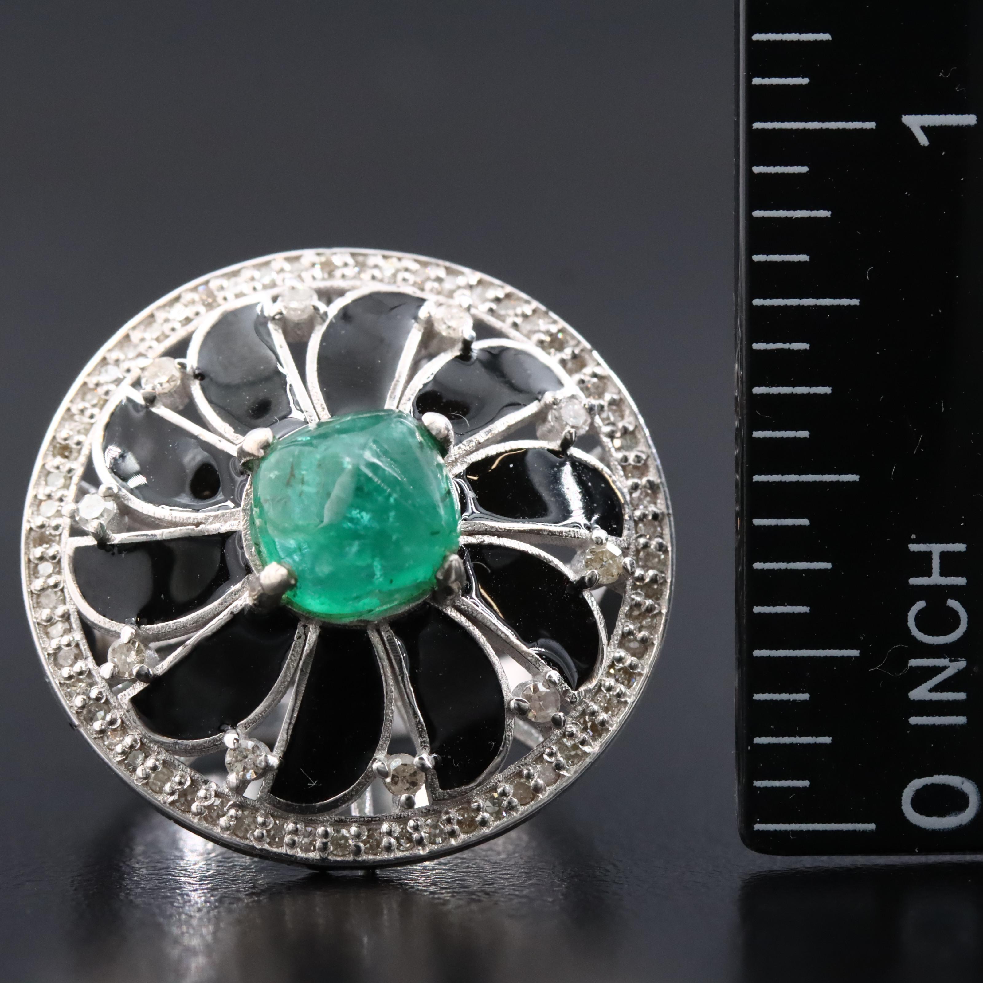 Sterling Flower Ring with Emerald, Diamonds and Enamel
