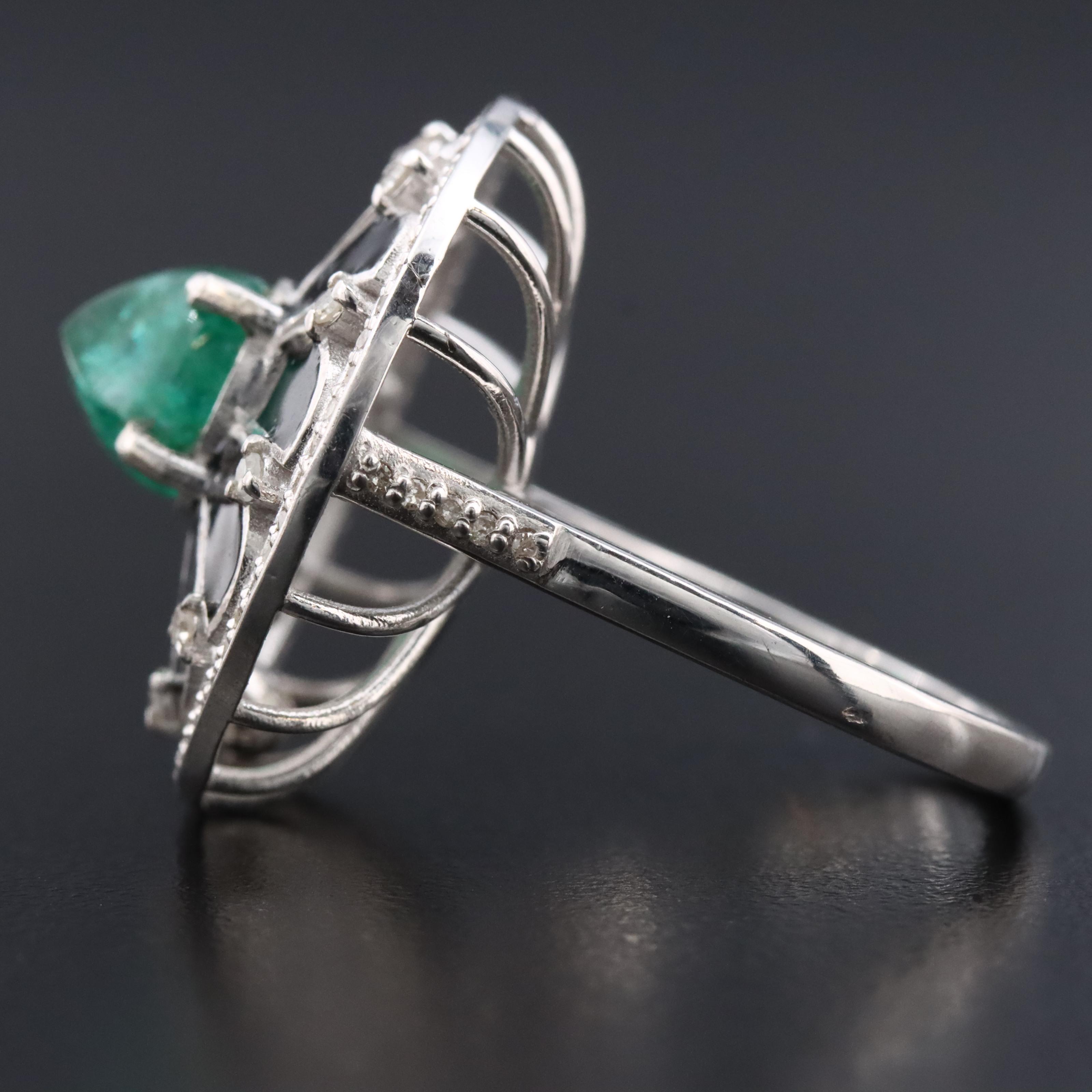Sterling Flower Ring with Emerald, Diamonds and Enamel