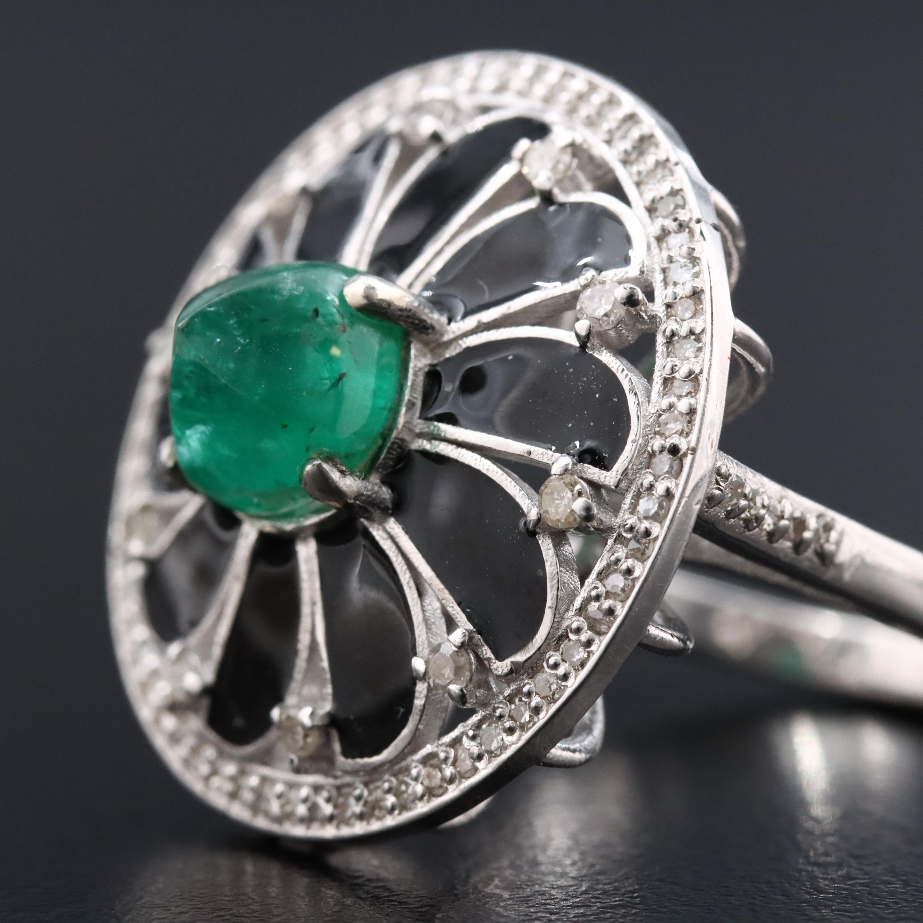 Sterling Flower Ring with Emerald, Diamonds and Enamel