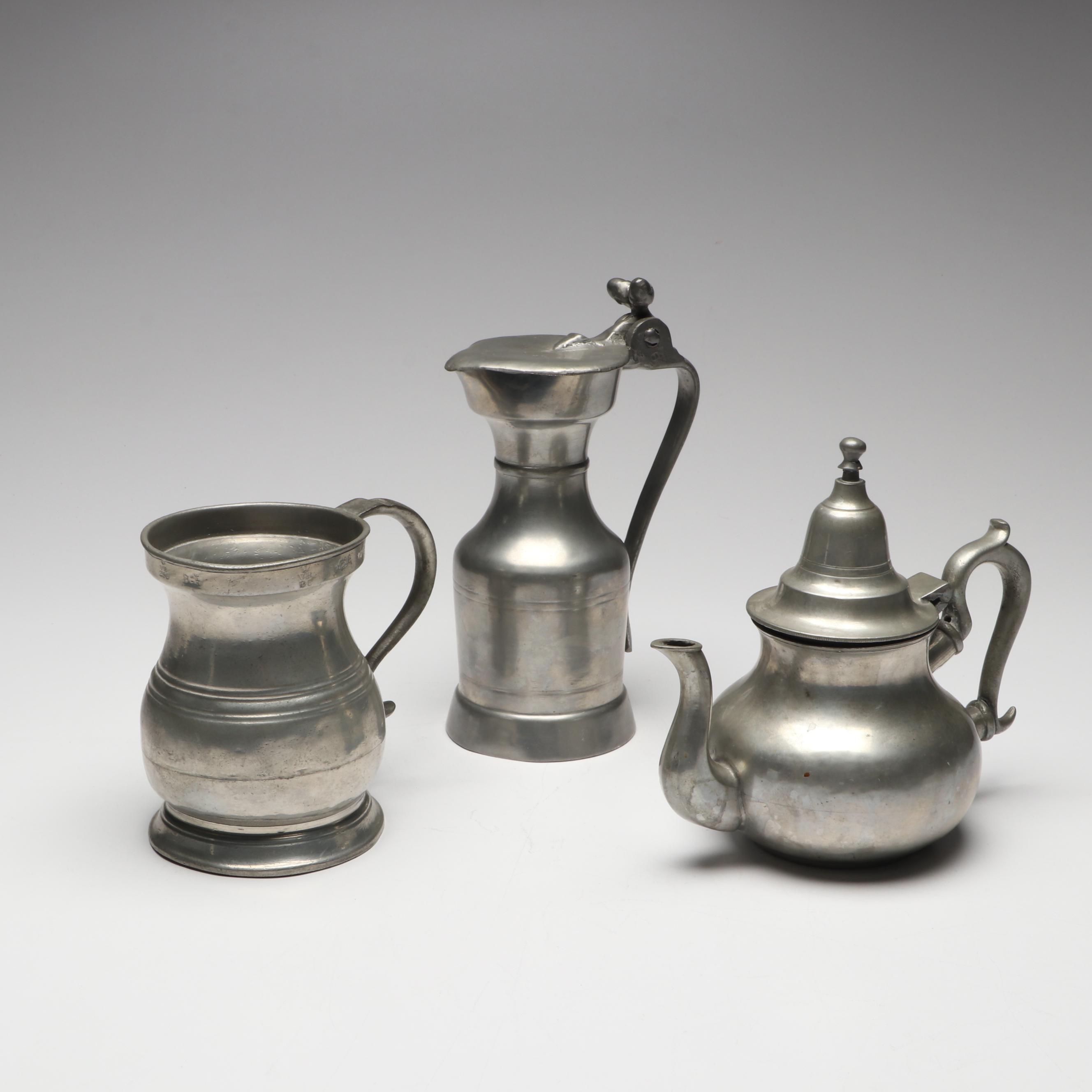 Victorian English Tankard with Other Pewter Teapot and Acorn Pitcher