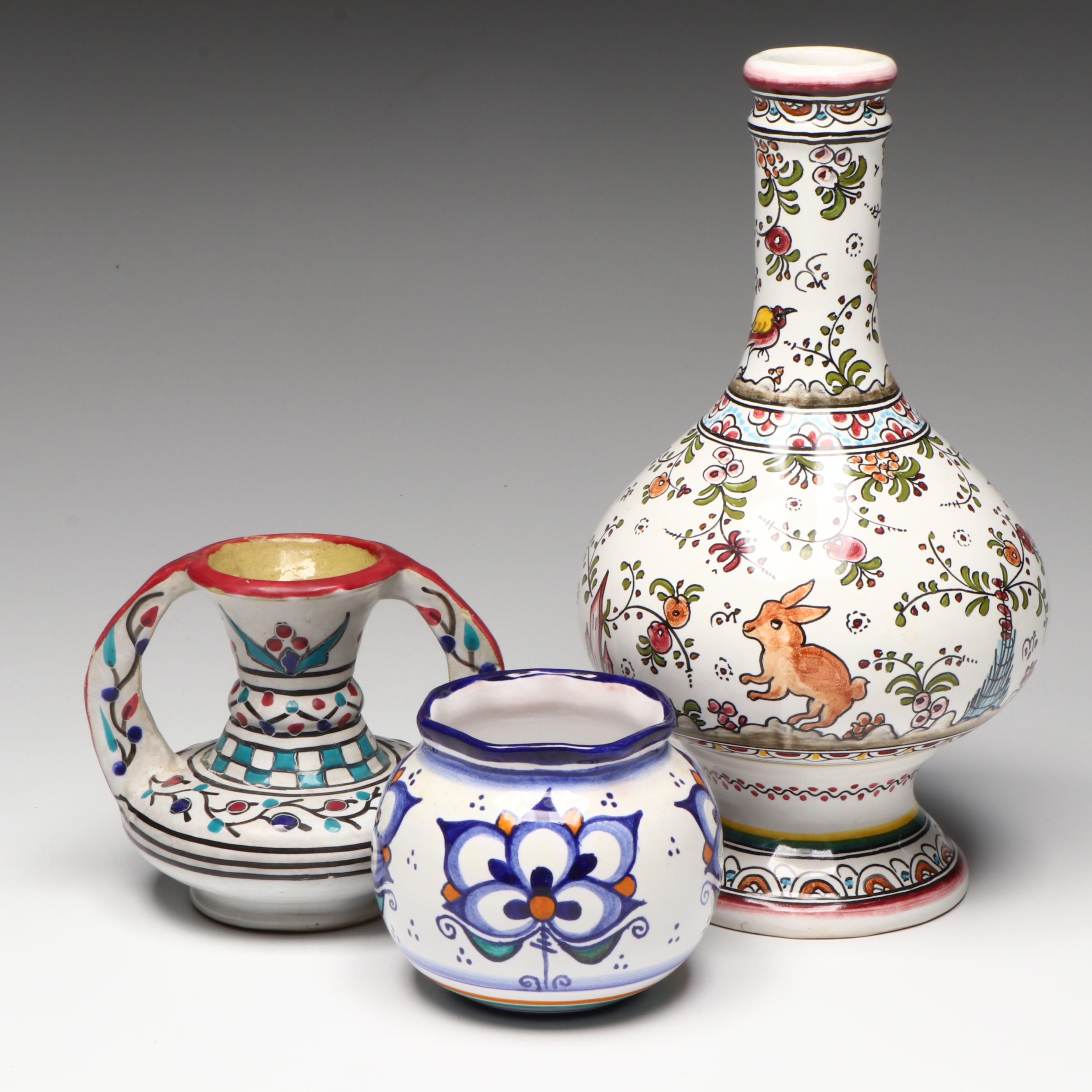 Hand-Painted Portuguese Ceramic Vase with Other Ceramic Vessels