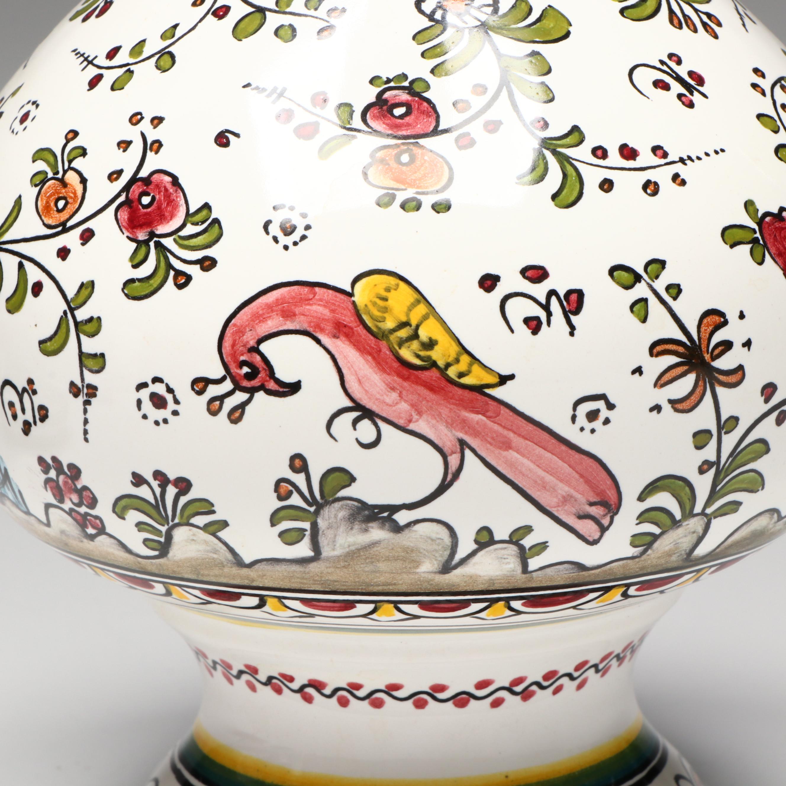 Hand-Painted Portuguese Ceramic Vase with Other Ceramic Vessels