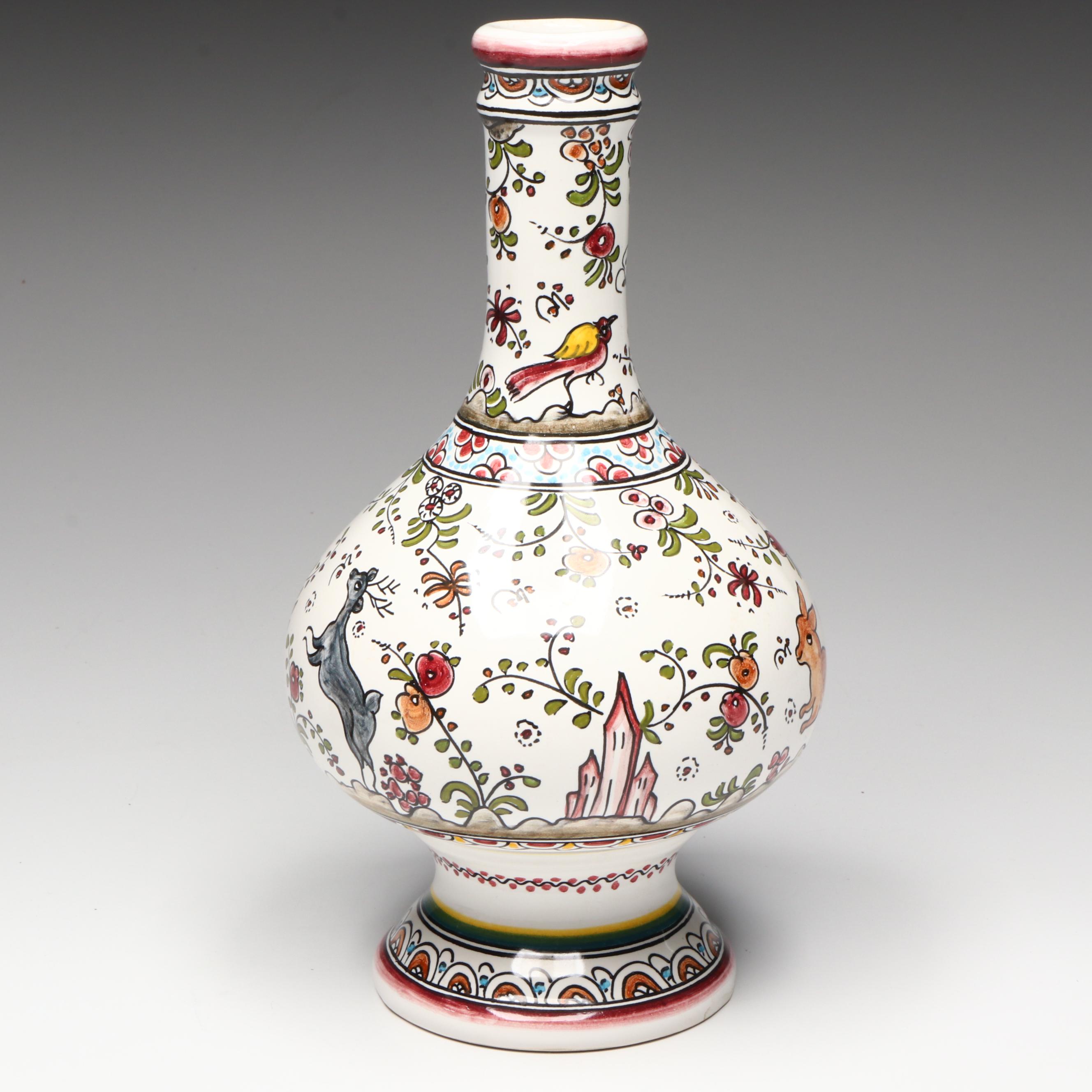 Hand-Painted Portuguese Ceramic Vase with Other Ceramic Vessels