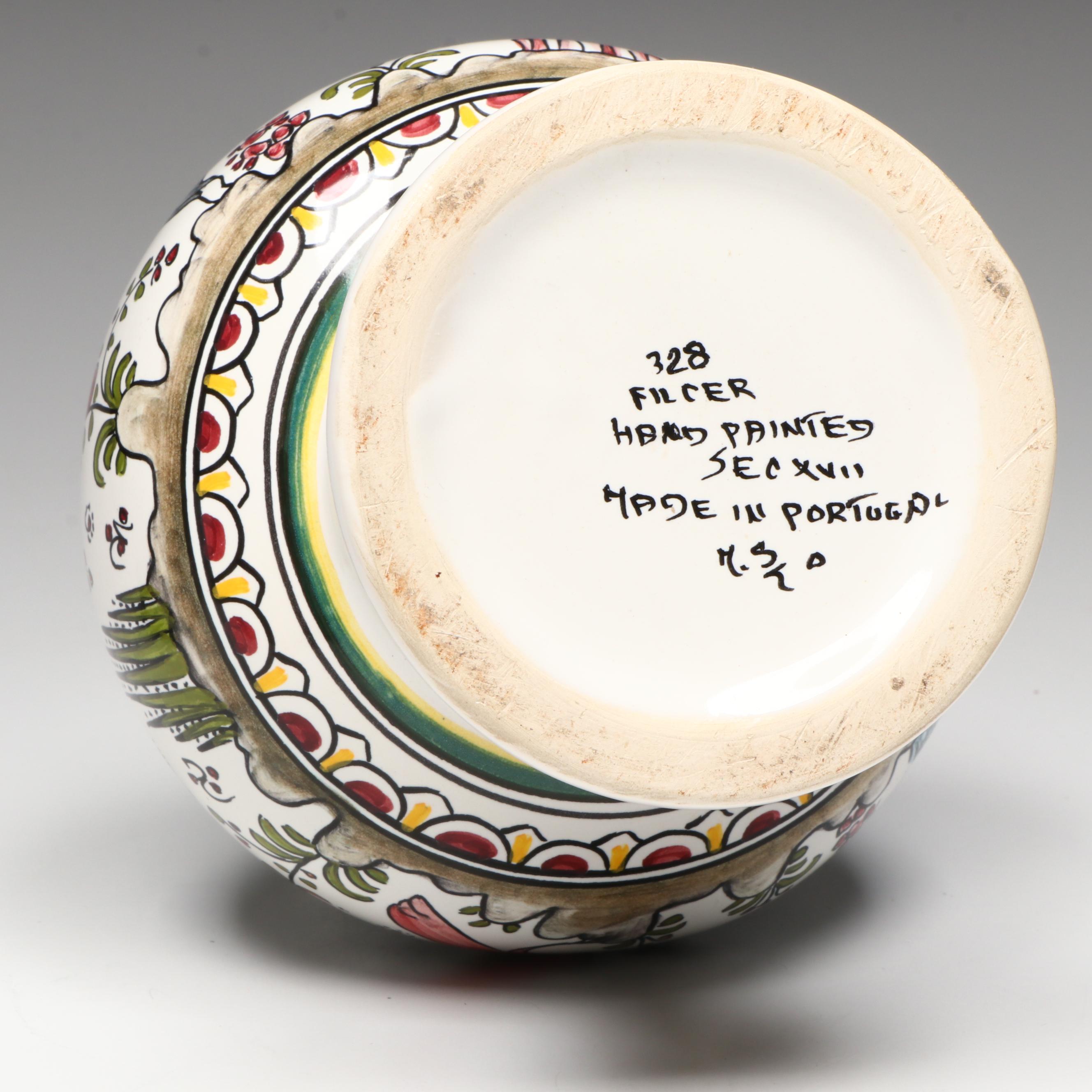 Hand-Painted Portuguese Ceramic Vase with Other Ceramic Vessels