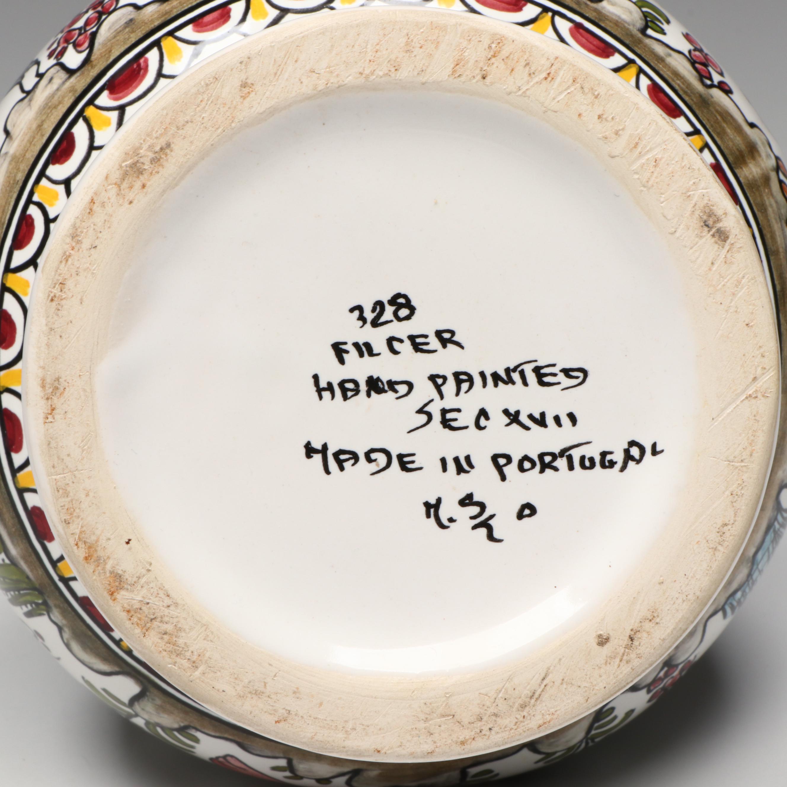 Hand-Painted Portuguese Ceramic Vase with Other Ceramic Vessels