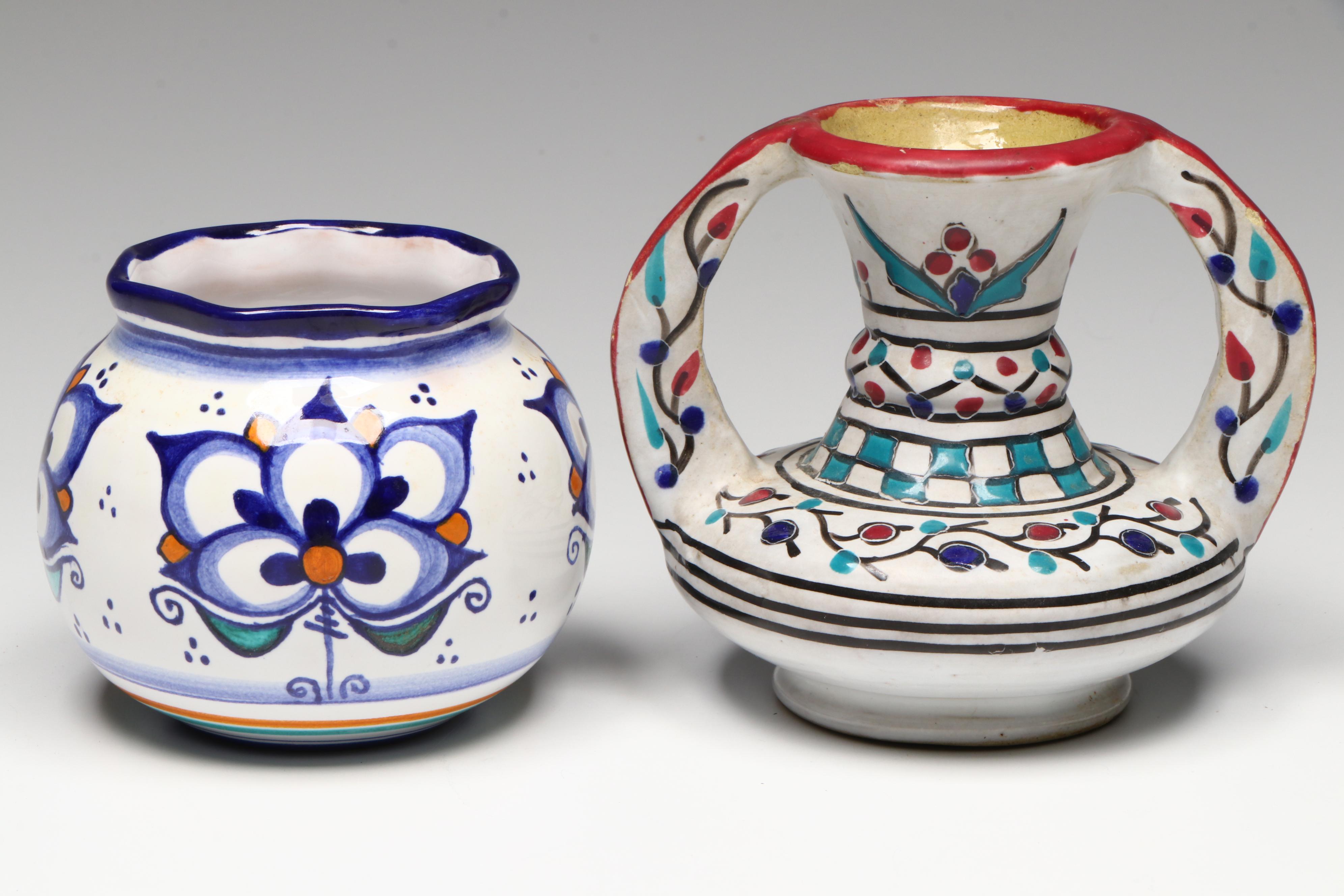 Hand-Painted Portuguese Ceramic Vase with Other Ceramic Vessels