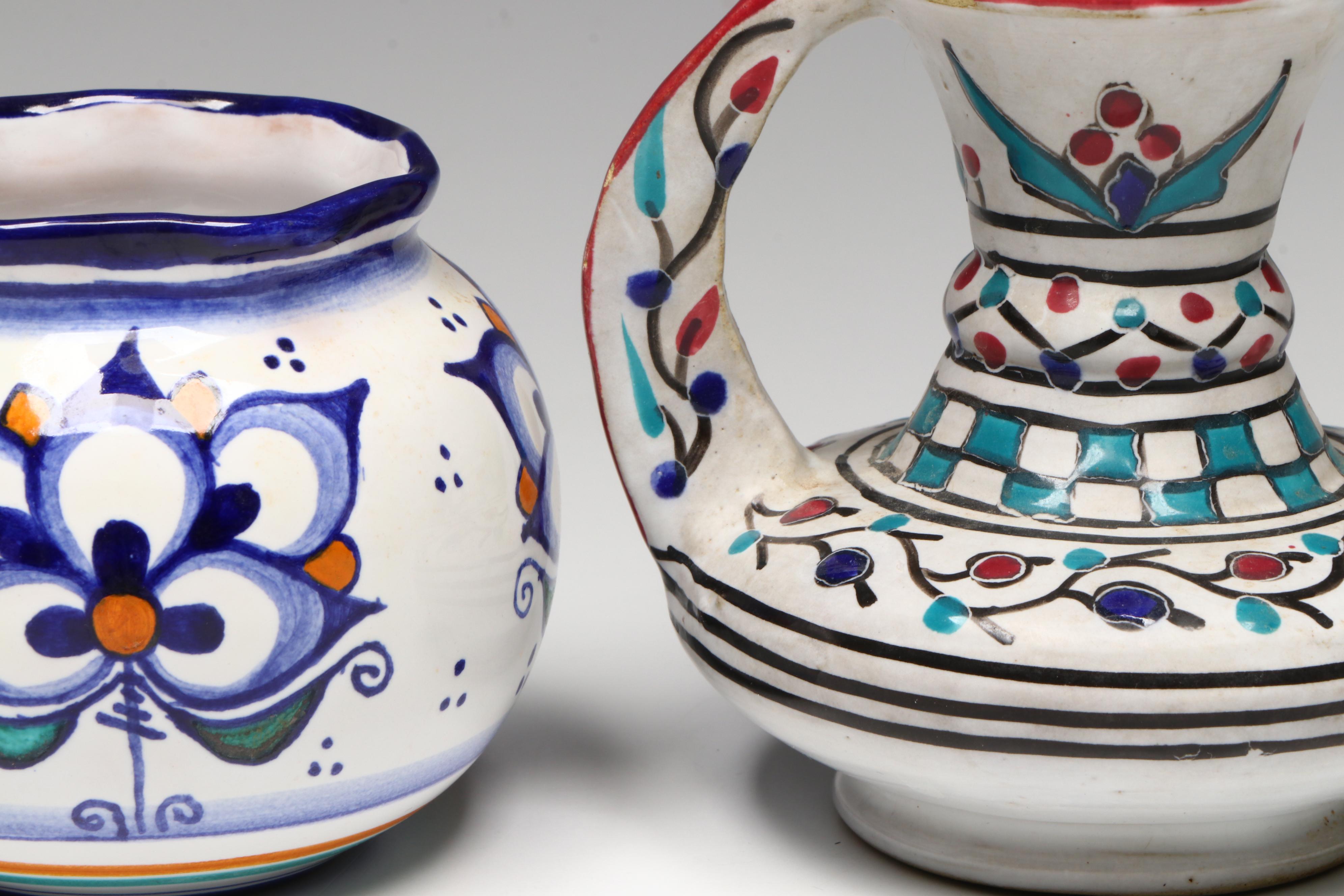 Hand-Painted Portuguese Ceramic Vase with Other Ceramic Vessels