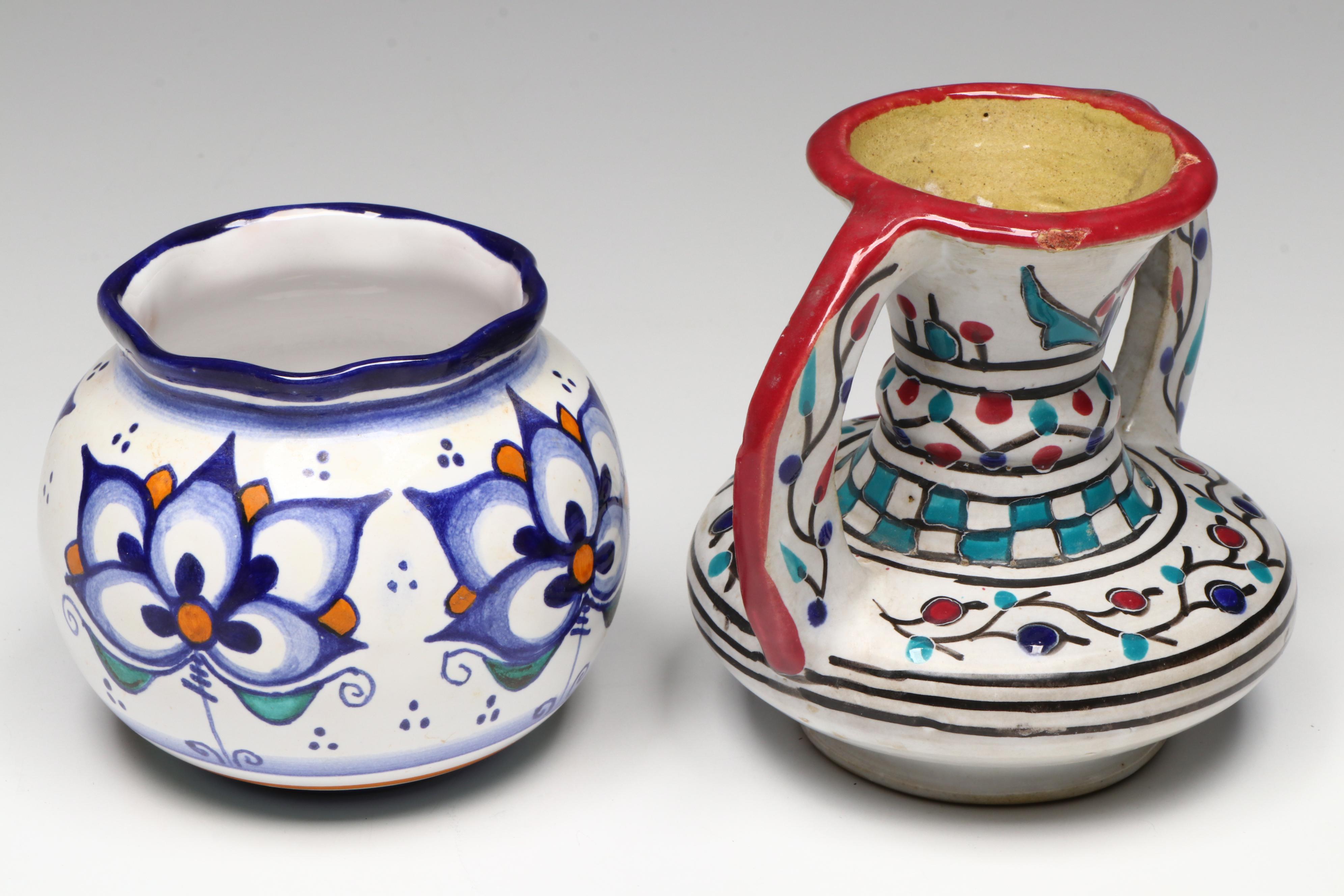 Hand-Painted Portuguese Ceramic Vase with Other Ceramic Vessels