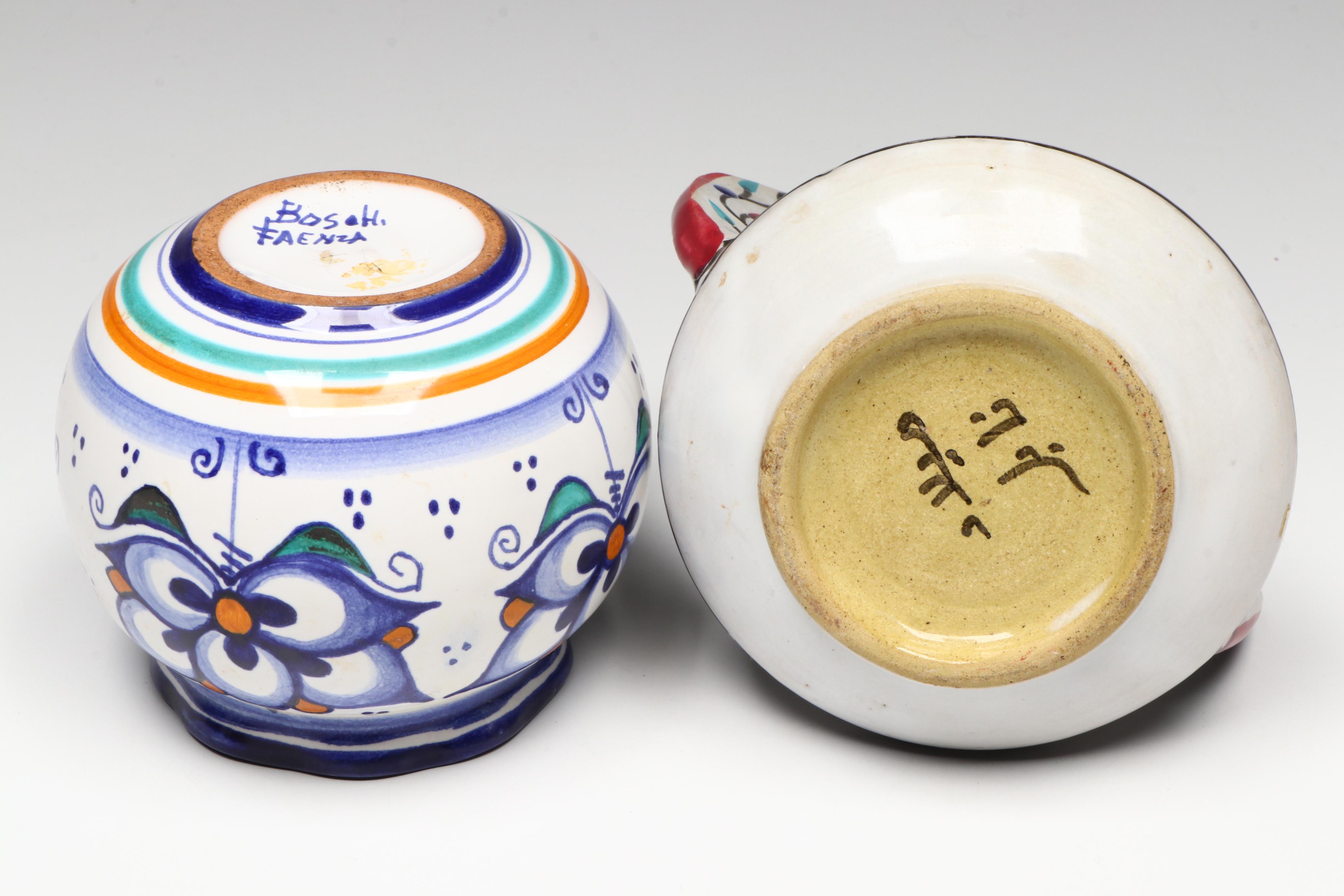 Hand-Painted Portuguese Ceramic Vase with Other Ceramic Vessels