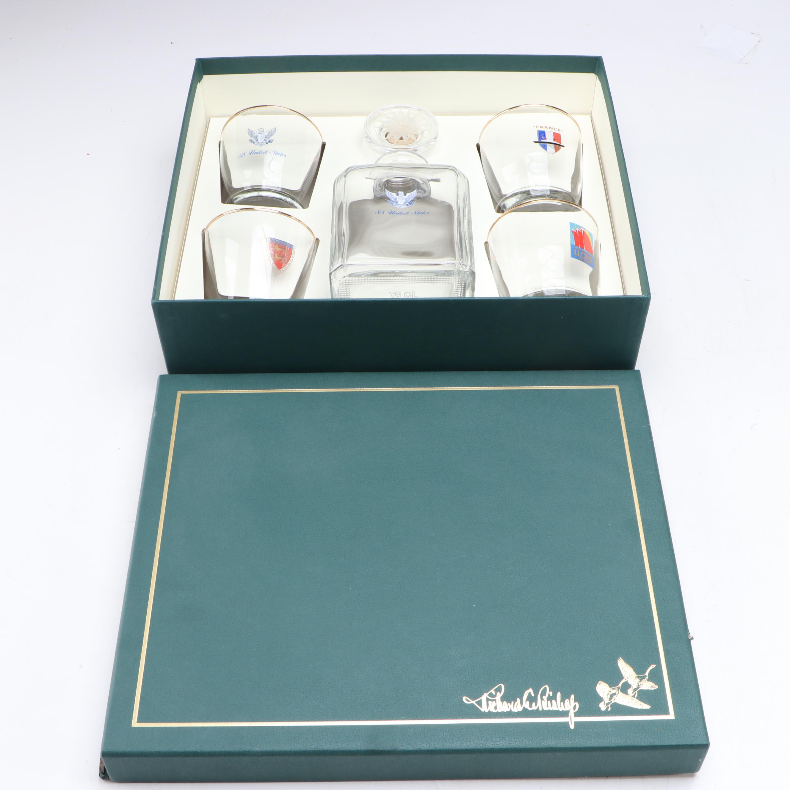 S.S. United States Decanter with Other Ocean Liner Old Fashioned Glasses