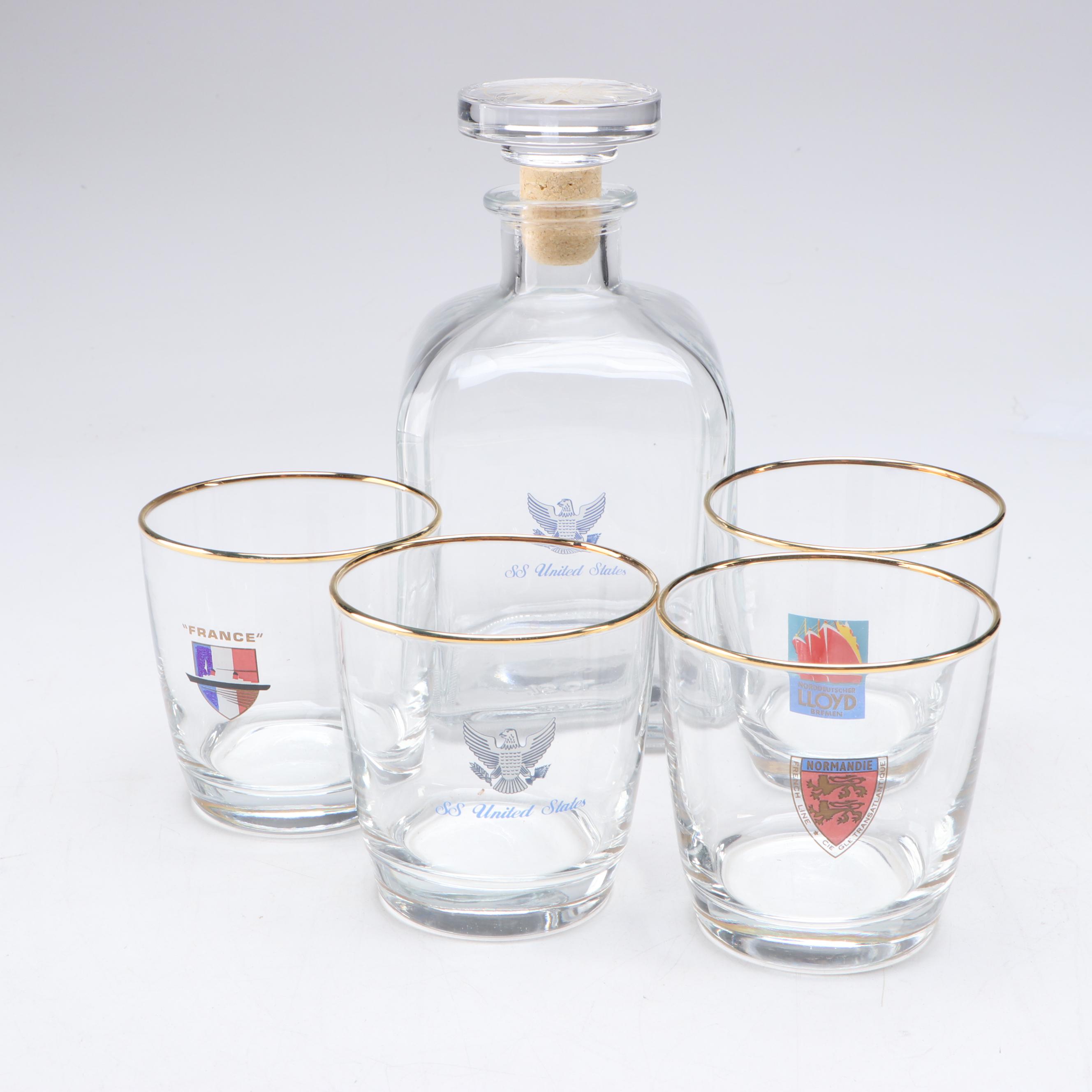 S.S. United States Decanter with Other Ocean Liner Old Fashioned Glasses