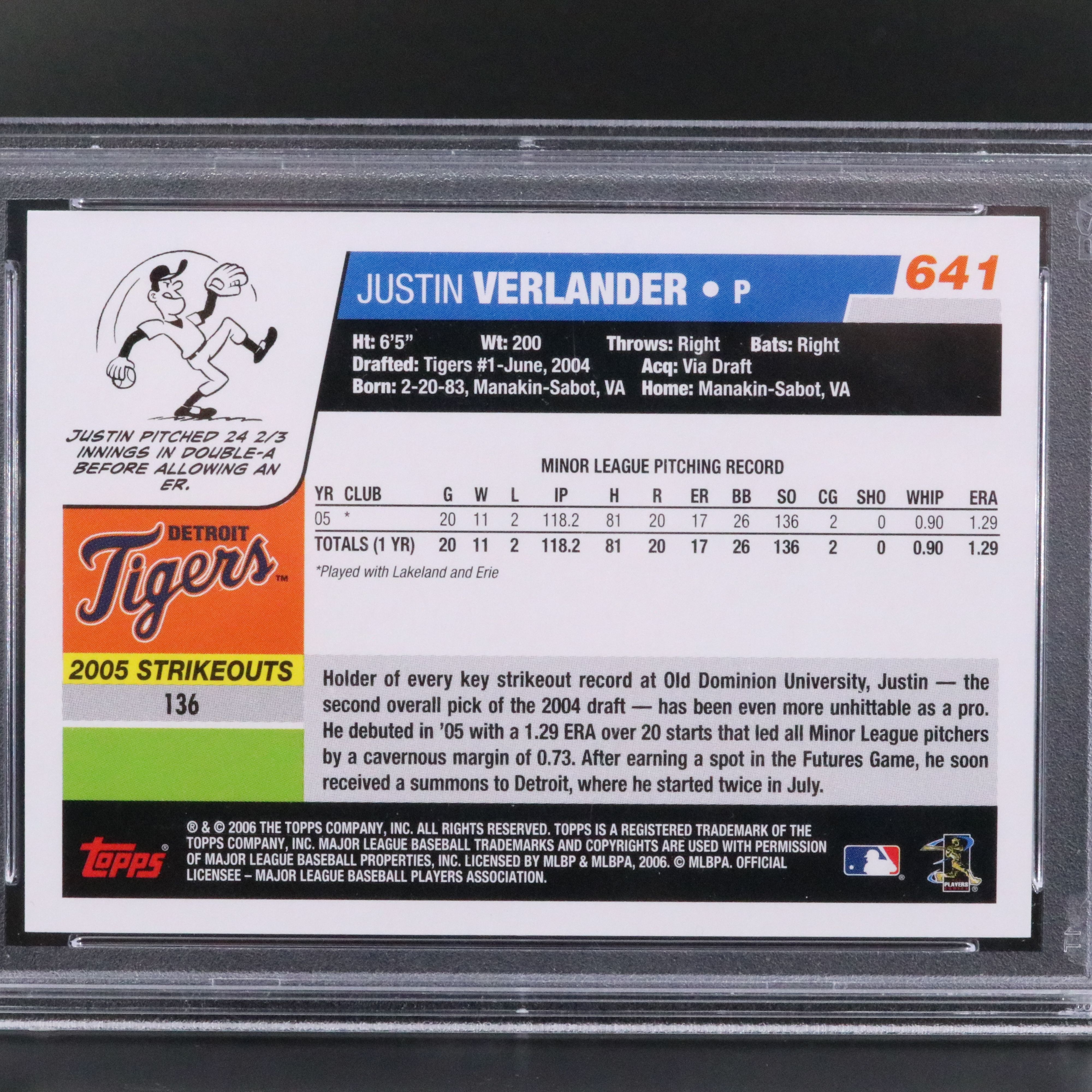 2006 Topps Justin Verlander Detroit Tigers Rookie Baseball Card Graded PSA 9