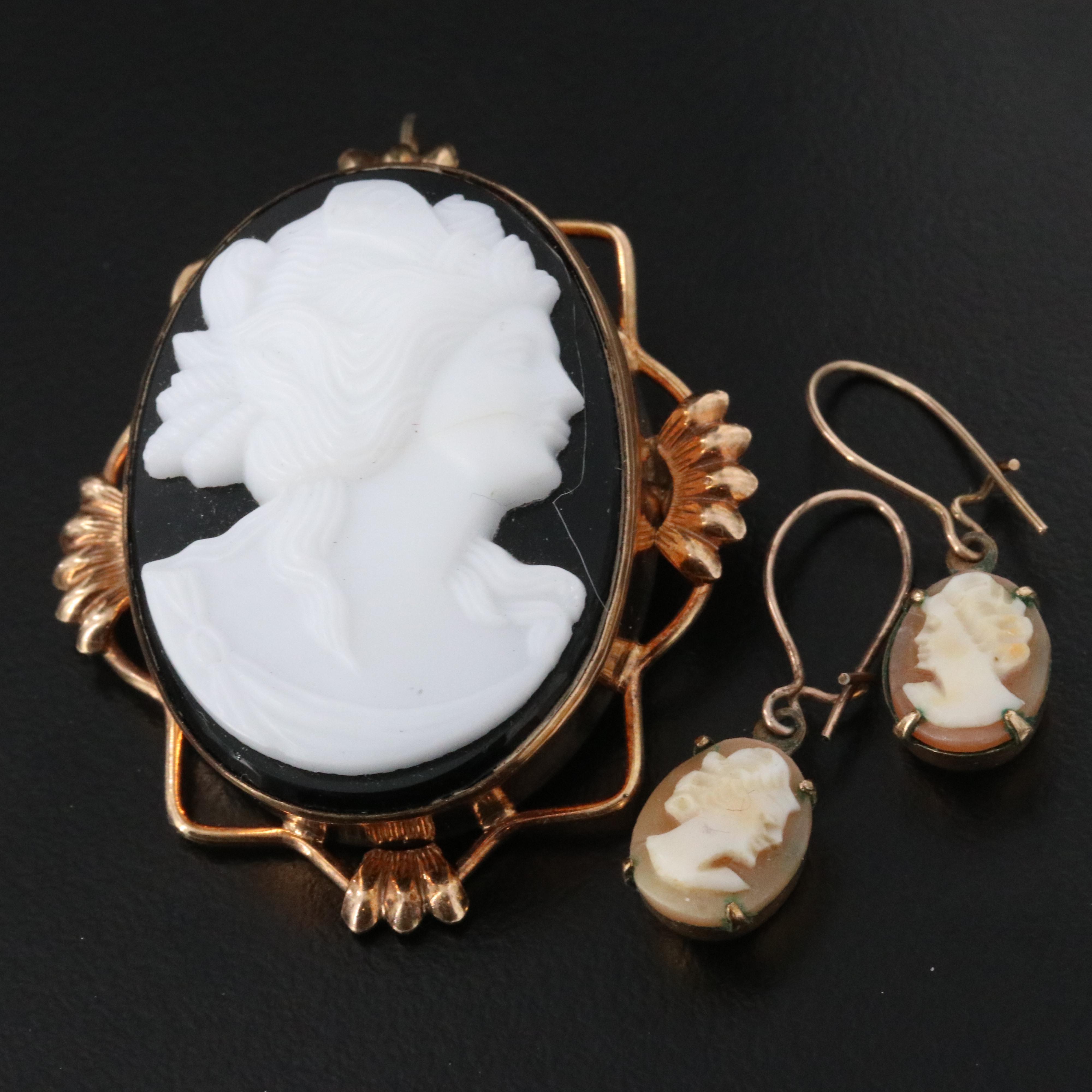 Gold-Filled Glass Cameo Converter Brooch with Shell Cameo Earrings