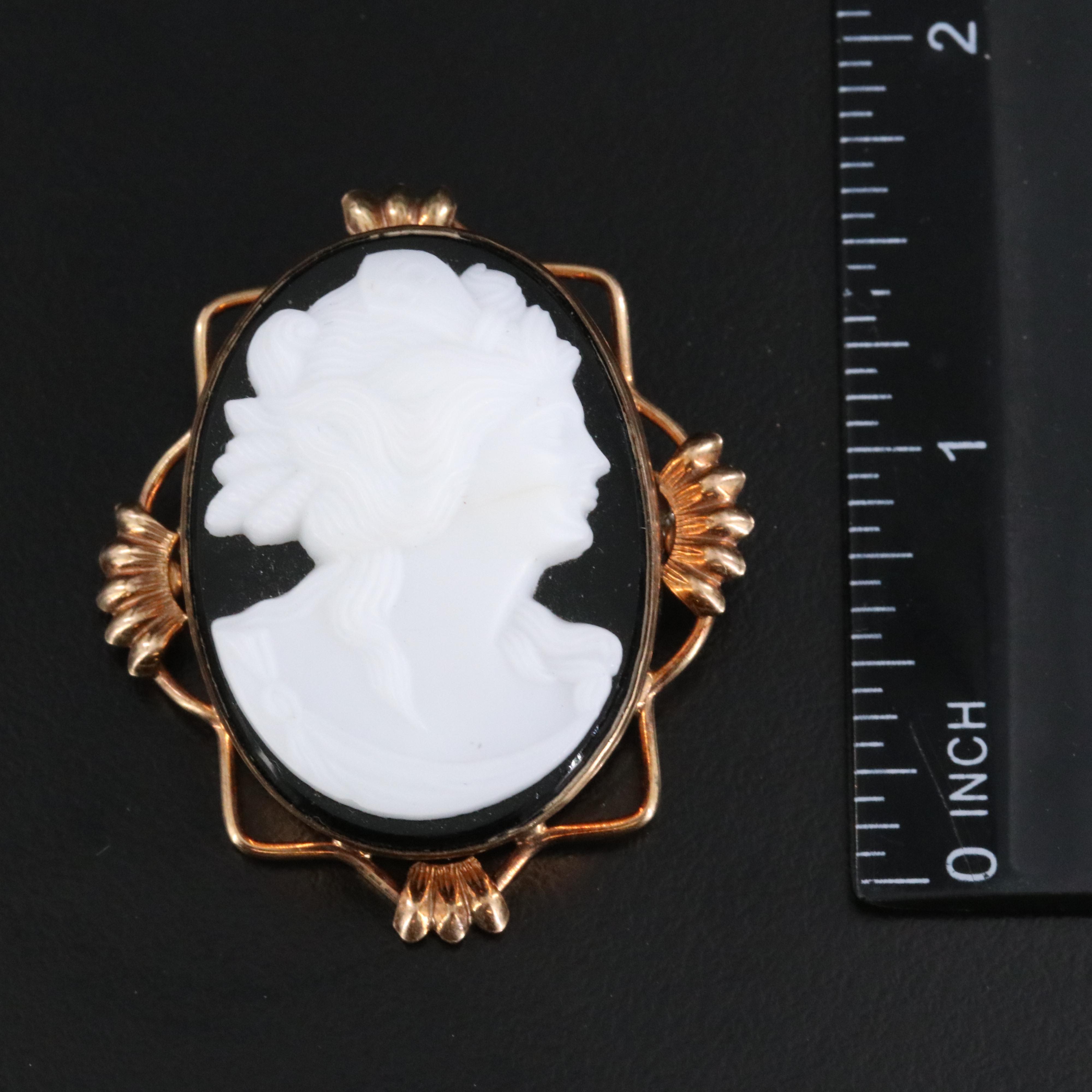 Gold-Filled Glass Cameo Converter Brooch with Shell Cameo Earrings