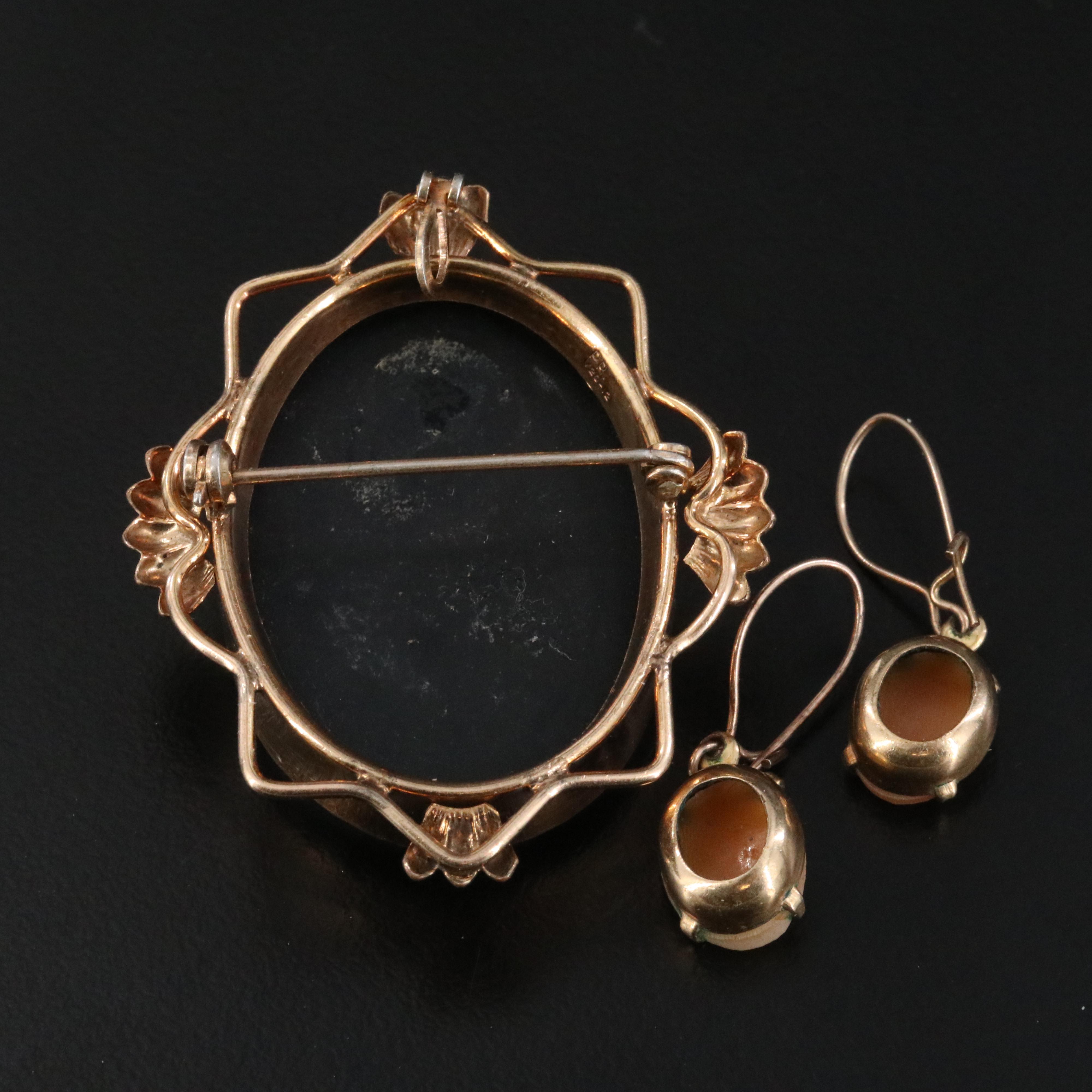Gold-Filled Glass Cameo Converter Brooch with Shell Cameo Earrings