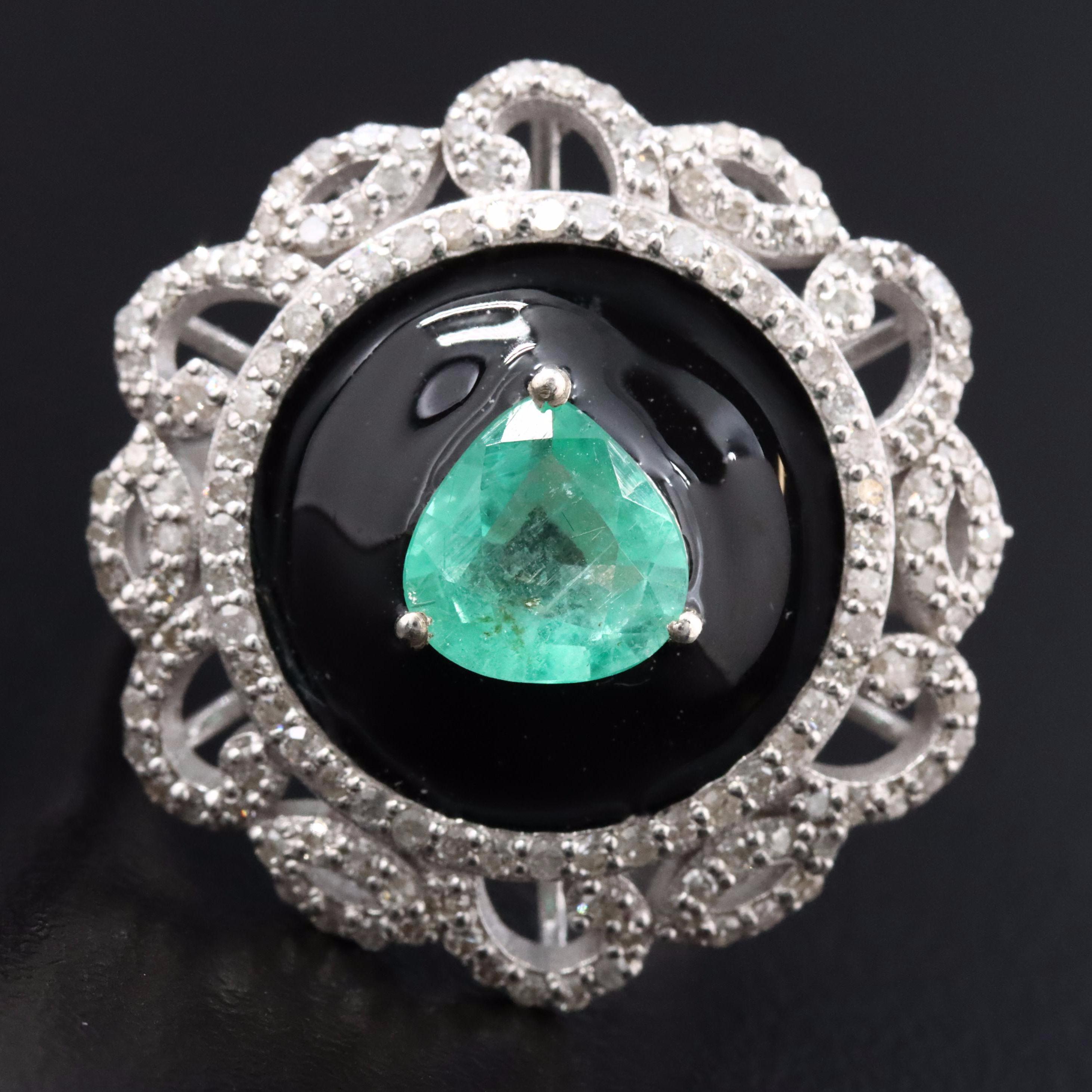 Sterling Ring with Emerald, Diamonds and Enamel